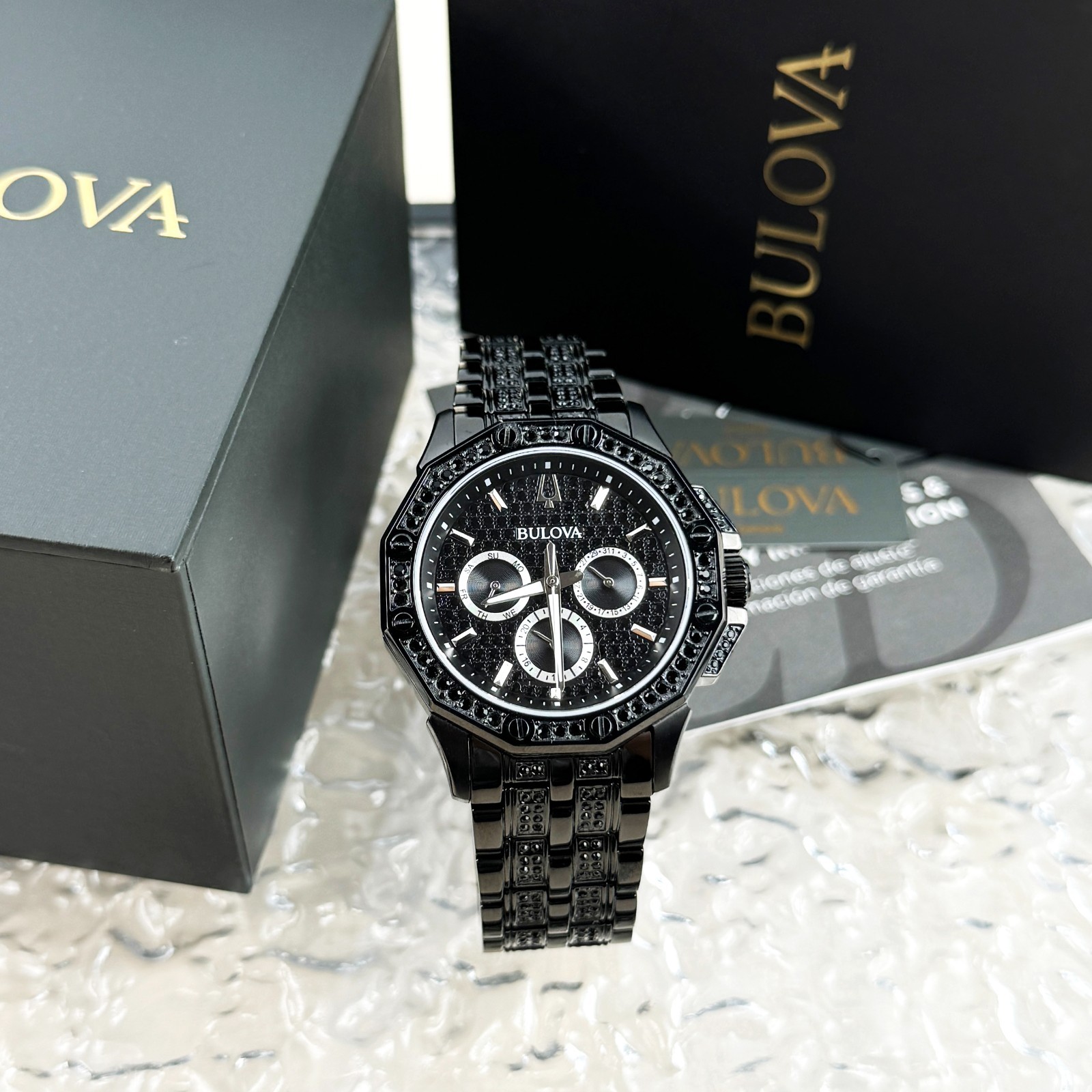 Bulova Octava Crystal Quartz Black Pave Dial Stainless Steel Men’s Watch 98C134