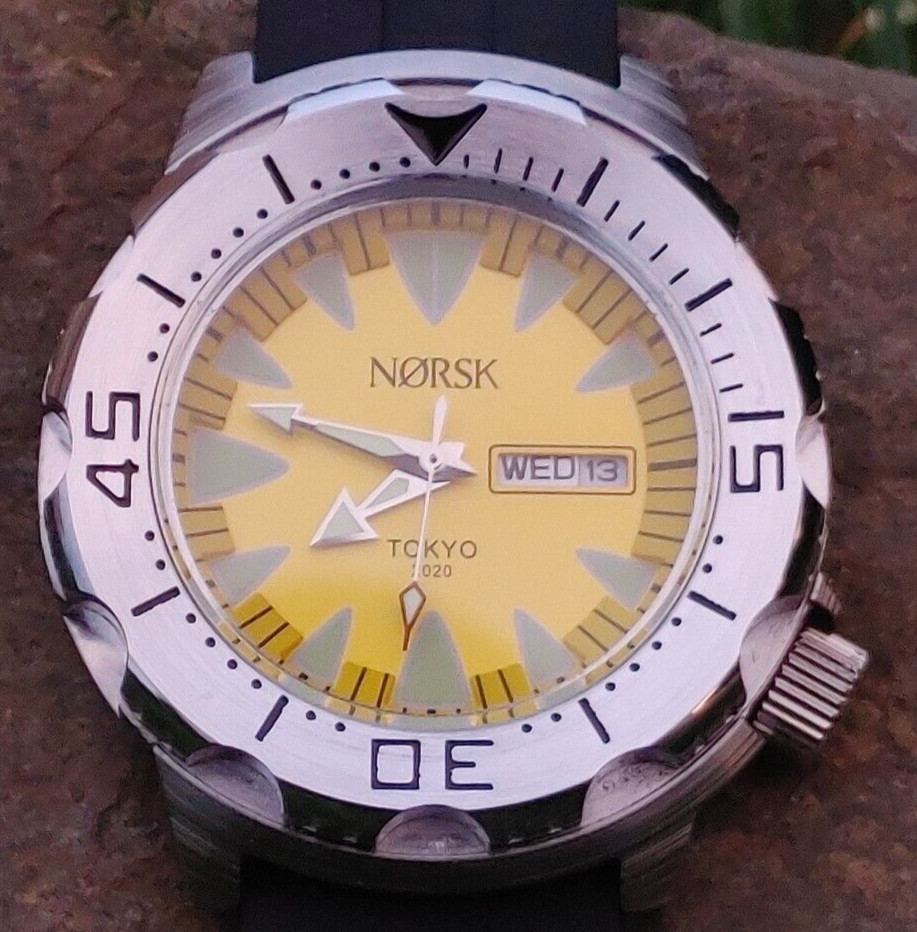 Sea Monster Diver Watch, Norsk, Norway Tokyo Olympics, Citizen quartz – Yellow
