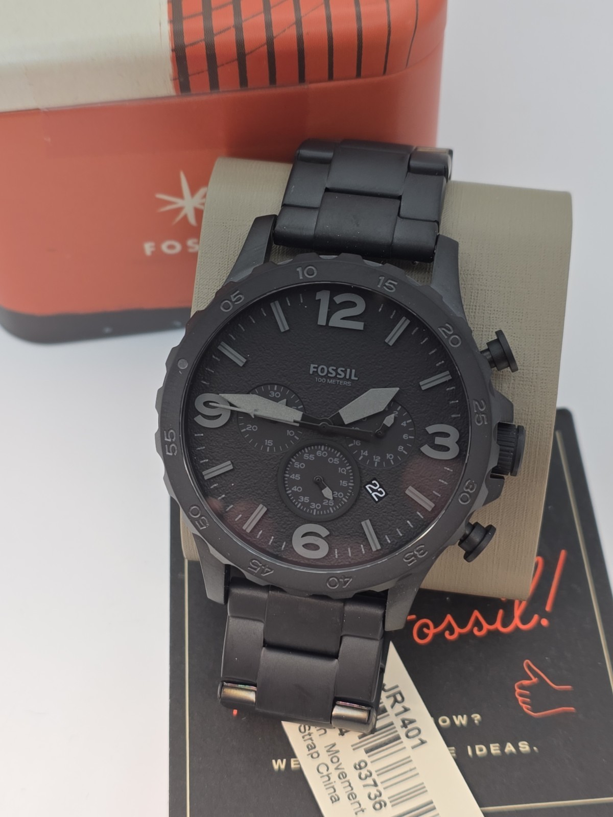 Fossil JR1401 Matte Black Stainless Chronograph Watch 10ATM 24mm Working Sleek