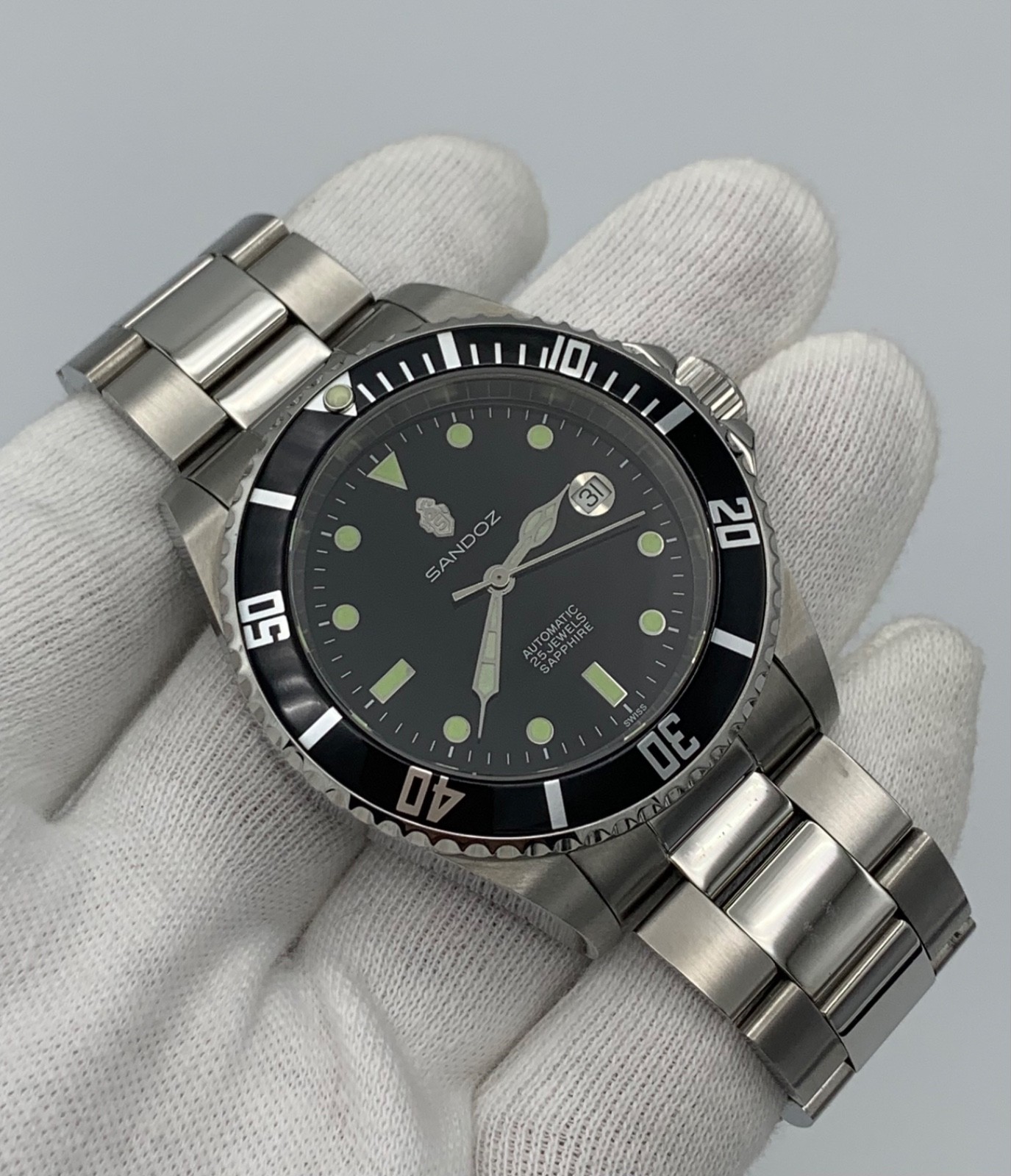 Sandoz Automatic Diver Watch 25 Jewels Sapphire Swiss Made Black Dial