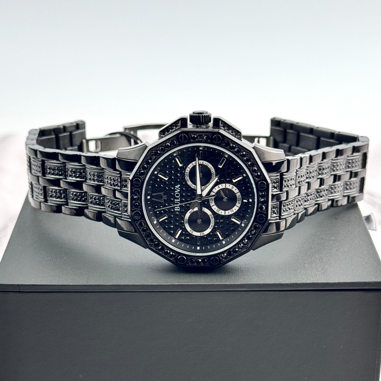 Bulova Octava Crystal Black Pave Dial Stainless Steel Quartz Men’s Watch 98C134