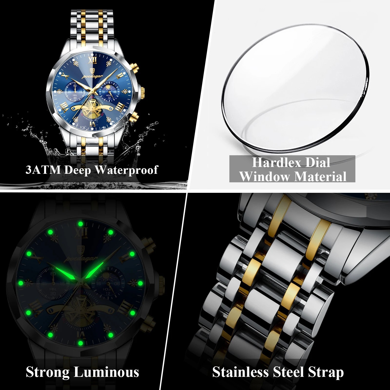 POEDAGAR Mens Quartz Watch Stainless Steel Waterproof Luminous Chronograph