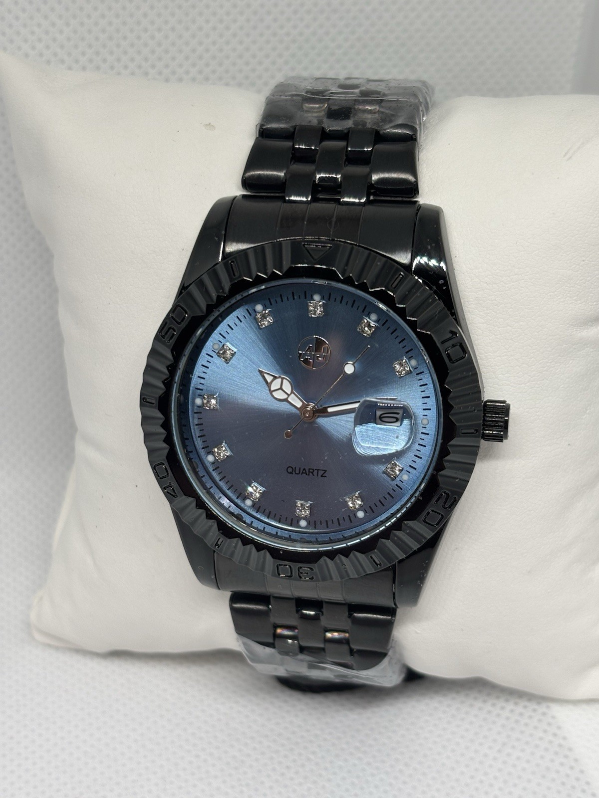Mens Black Stainless Steel Blue Dial Quartz Watch Date Display New