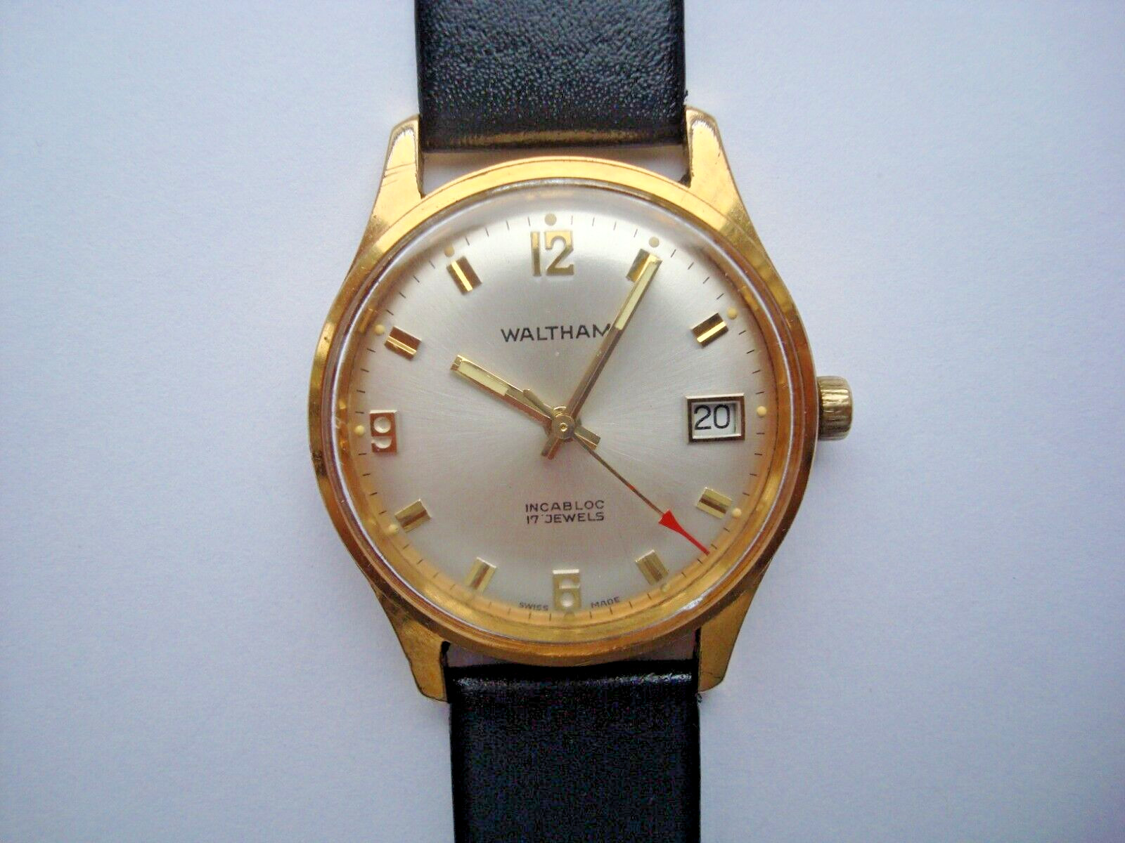 Waltham Mens Watch Manual Wind Up 17j. Date Red Arrow New Band 1960’s Swiss Runs