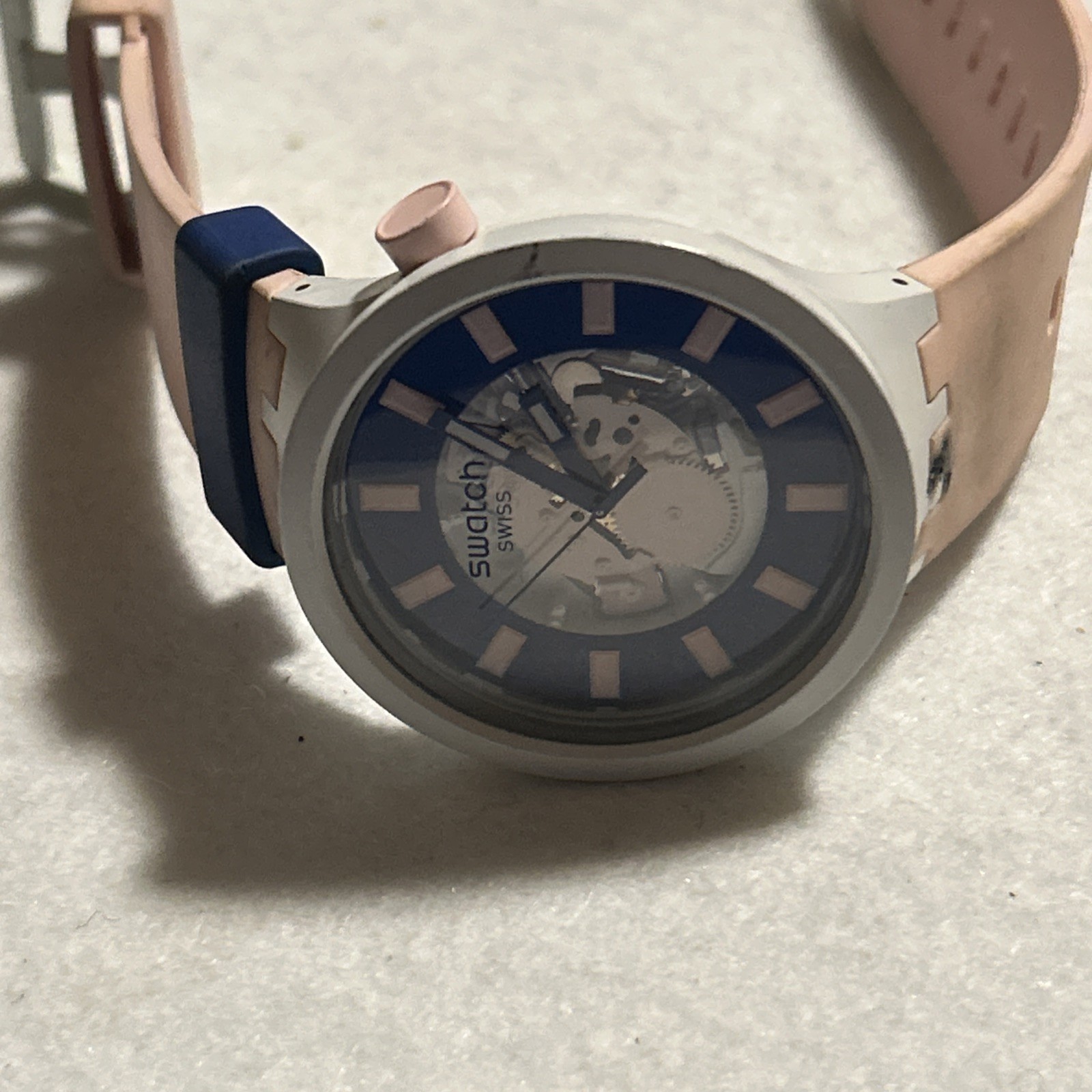 SWATCH BIG BOLD BIOCERAMIC Watch SWISS Analog Pink Navy Strap Dameged