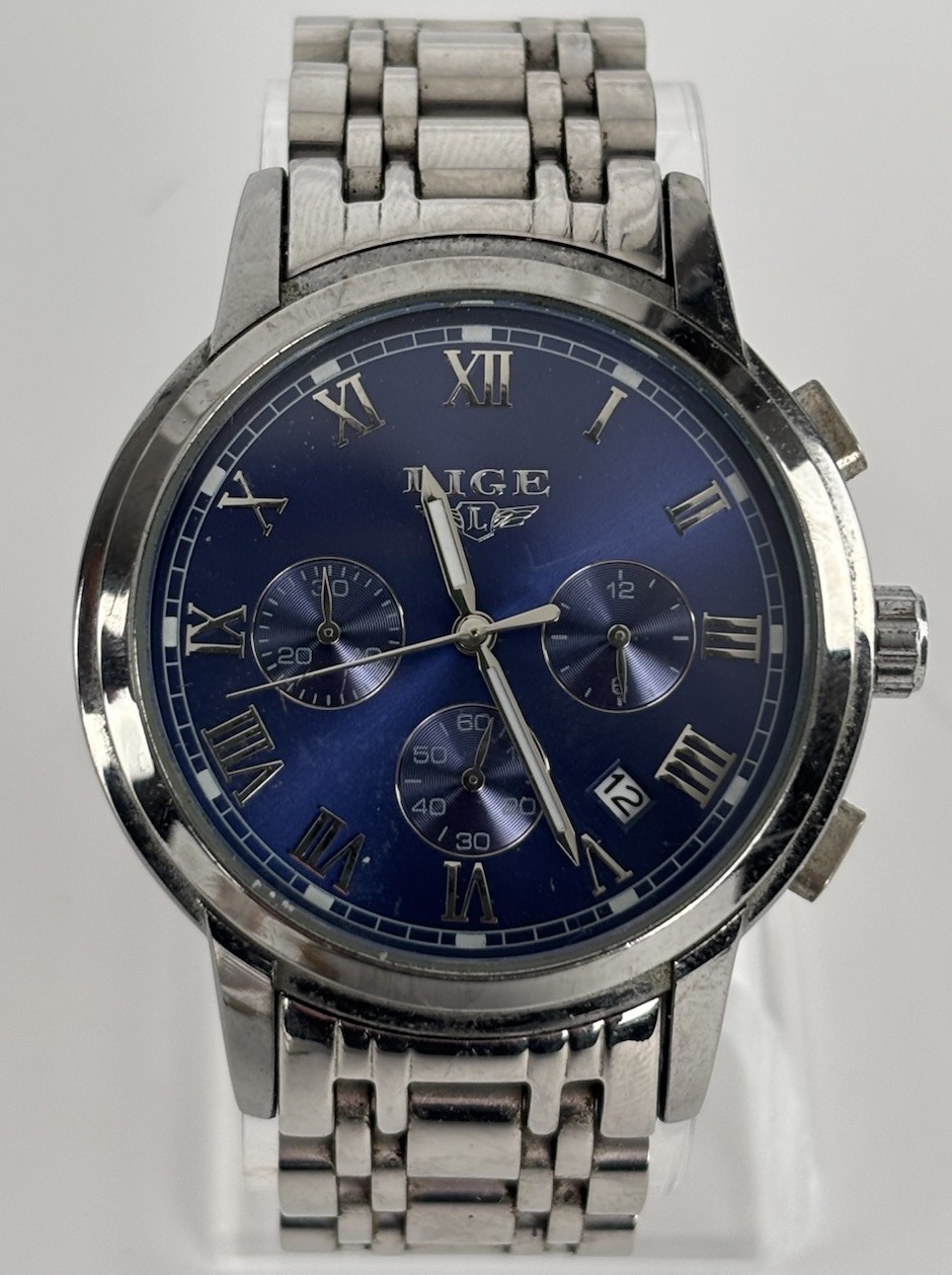 Lige 42mm Silver Tone Blue Dial Quartz Chrono Date Watch w/Bracelet &New Battery