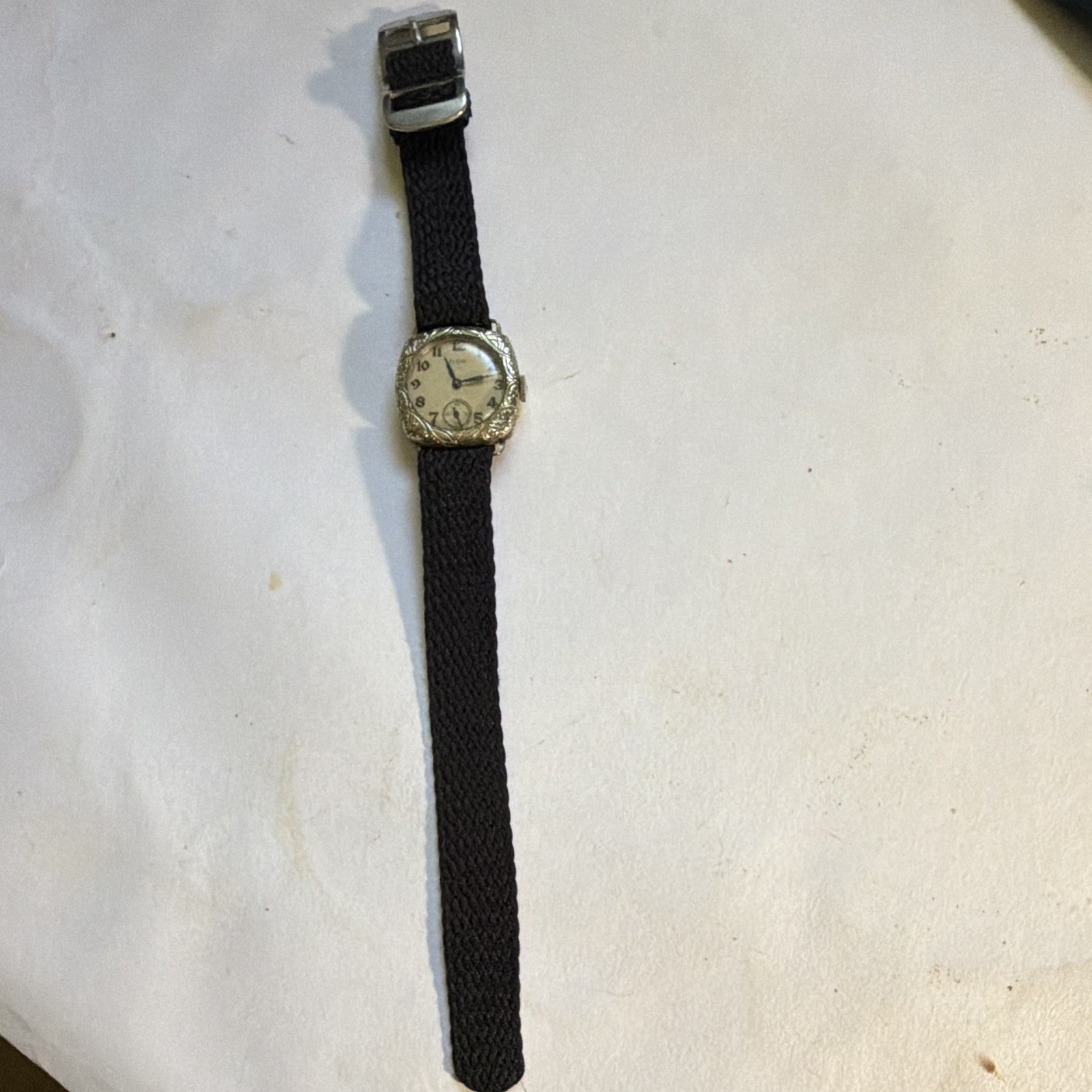 Elgin Vintage Art Deco Mechanical Small Seconds White Arabic Dial Black Nylon