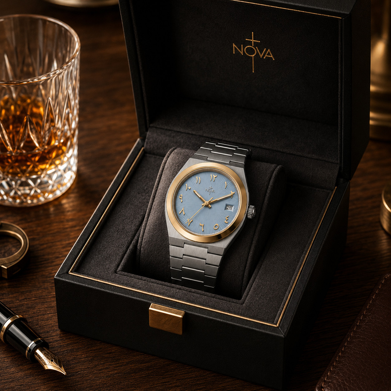 Nova Christian Covenant Custom Watch Ice Blue Arabic Dial Two Tone Date