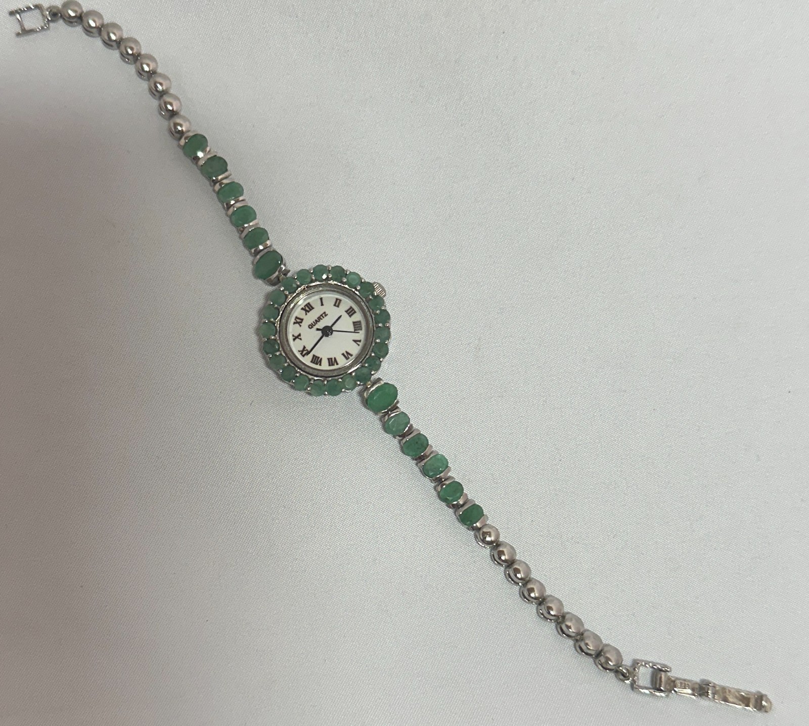 Natural Green Emerald Quartz Wristwatch Tennis Bracelet, 925 SS Bracelet – Bezel