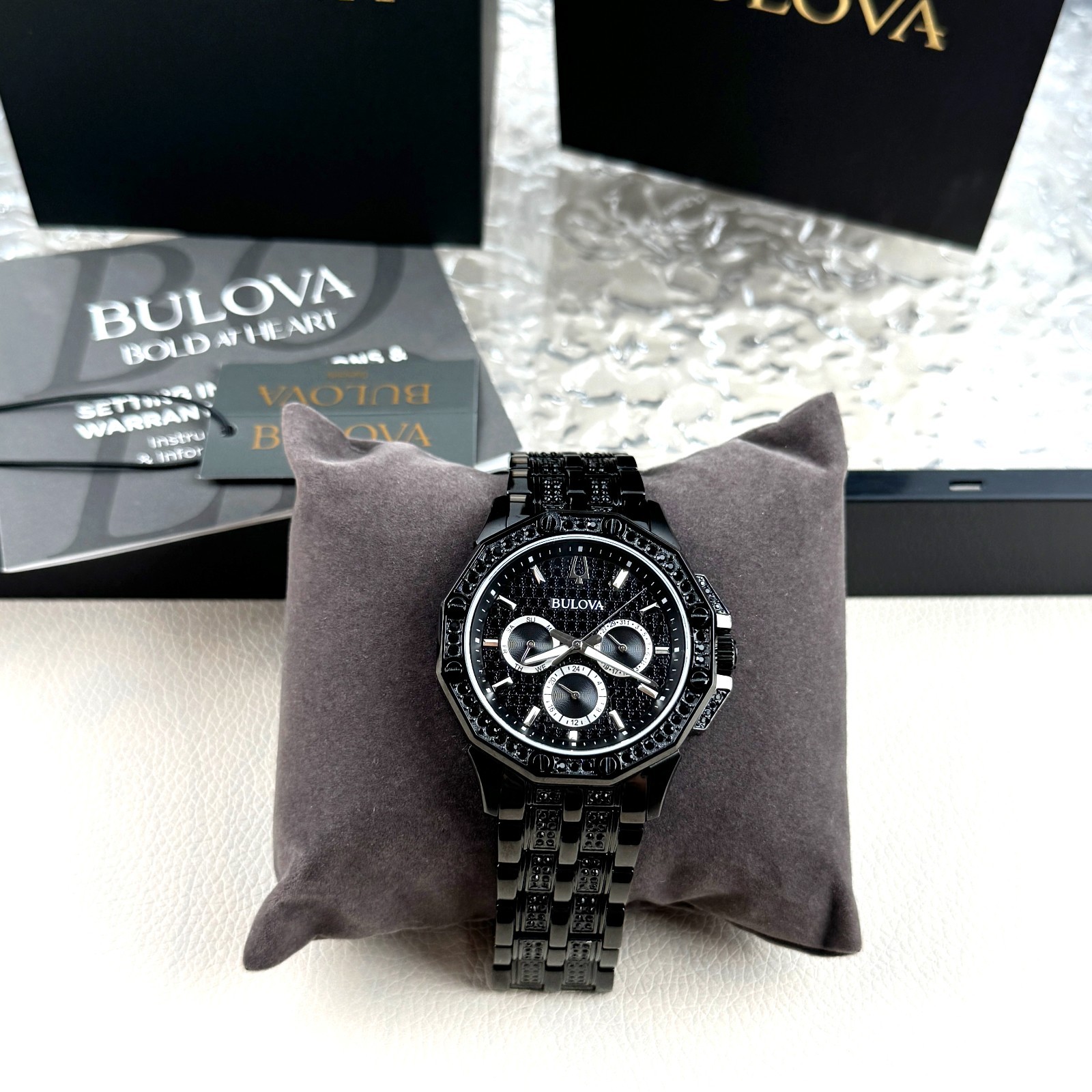 Bulova Octava Crystal Quartz Black Pave Dial Stainless Steel Men’s Watch 98C134
