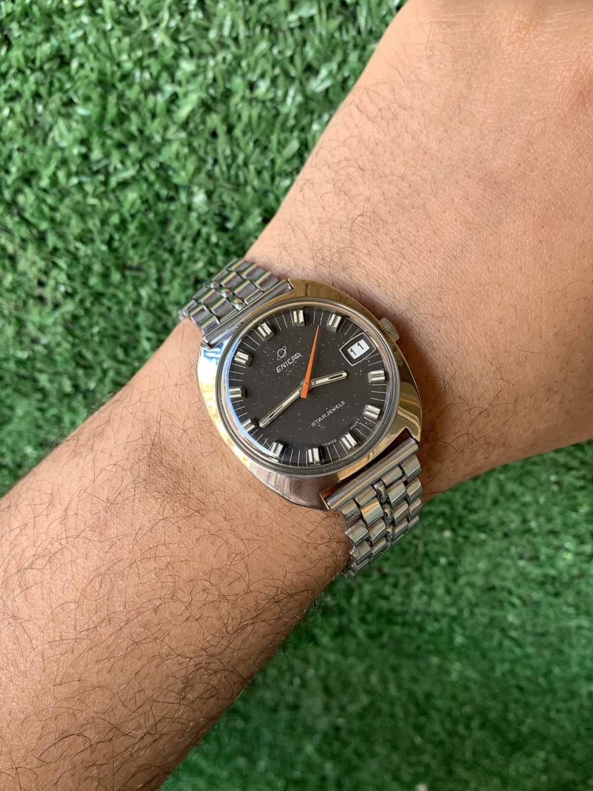 Vintage Enicar Ocean Pearl Watch Stainless Steel Star Jewels Dial 36mm Men 1960s