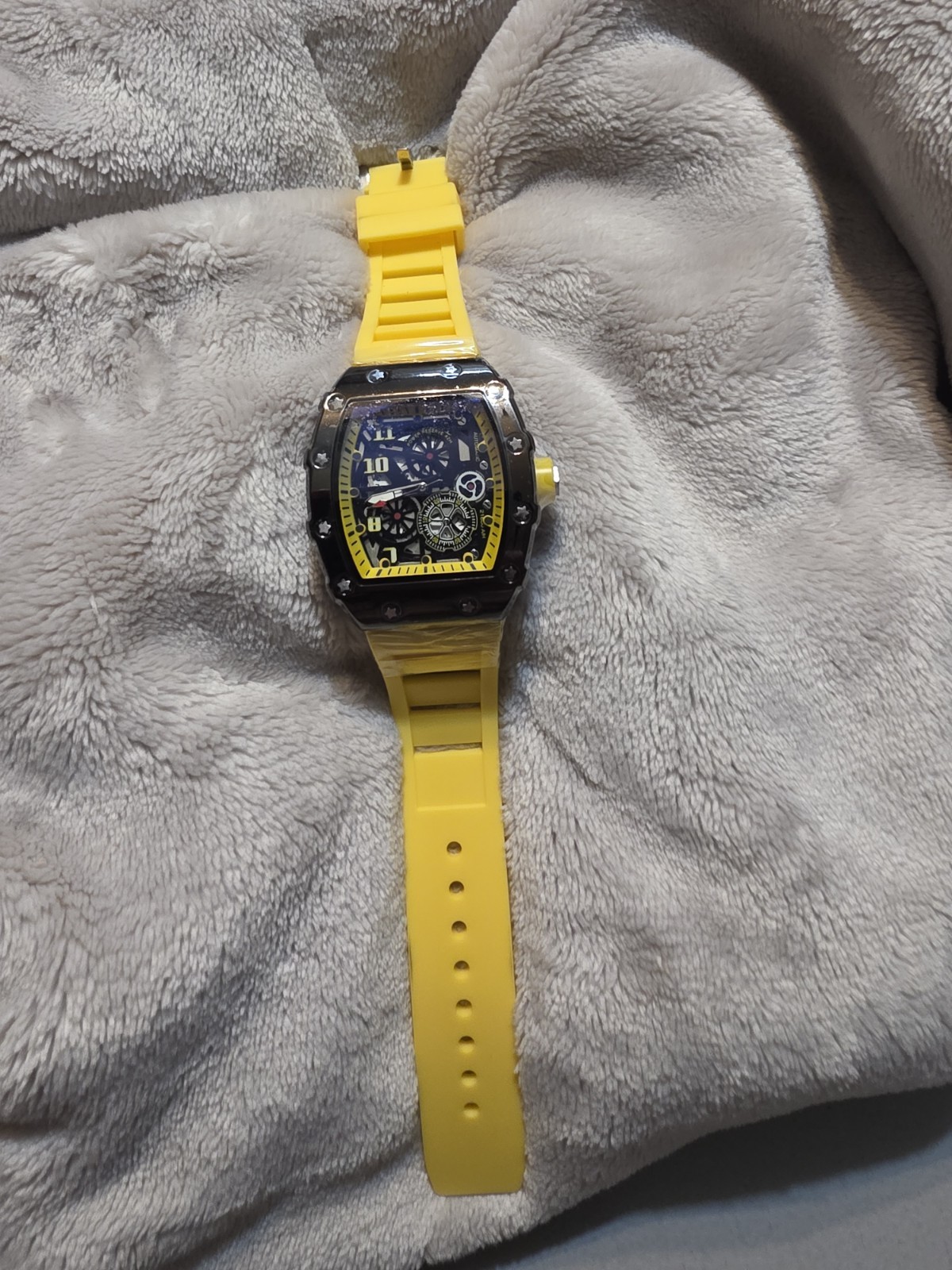 Tonneau Skeleton Dial Analog Watch, Yellow Rubber Strap, Power Reserve