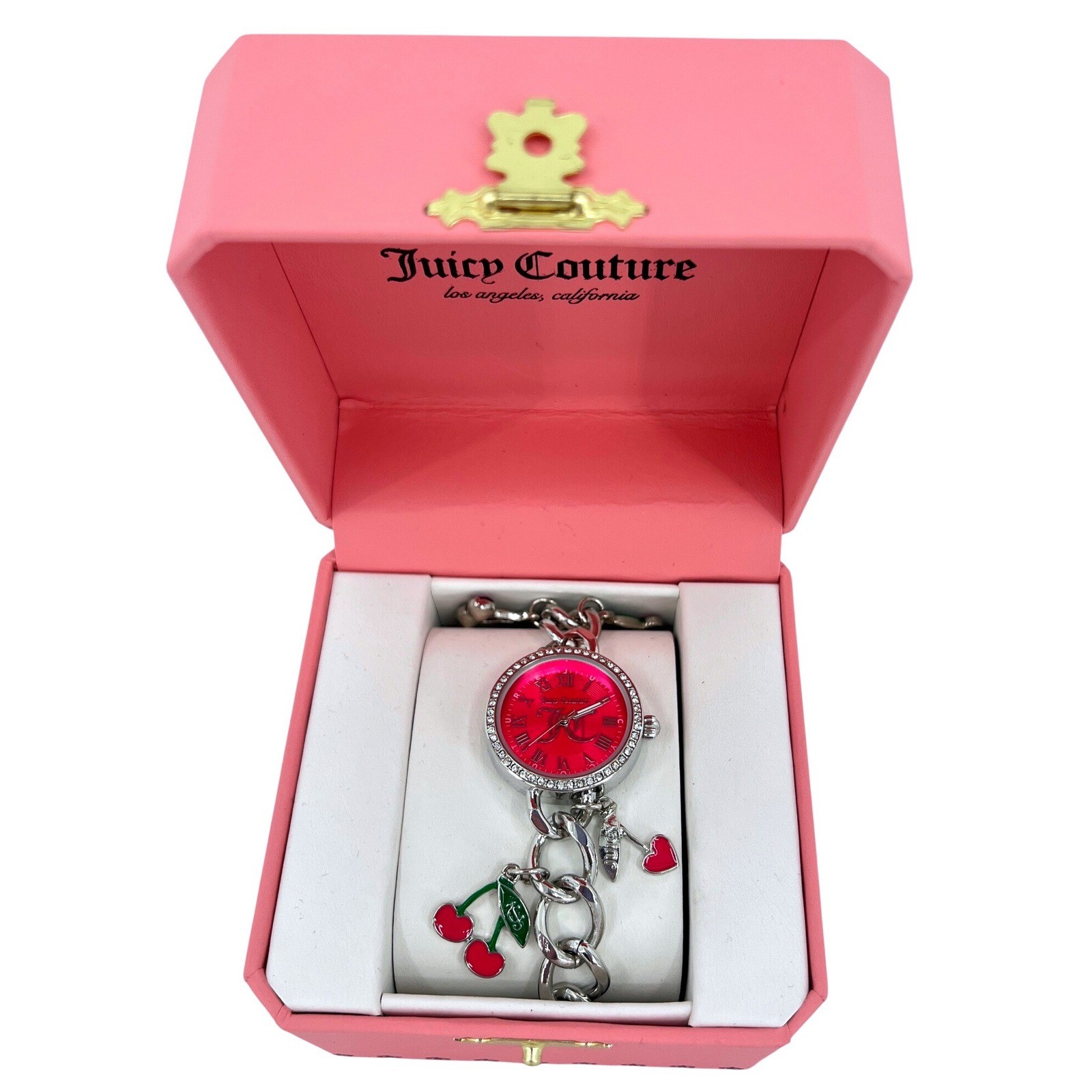 Juicy Couture Charm Bracelet Watch Pink Dial Rhinestone Cherry Heart Gift Box