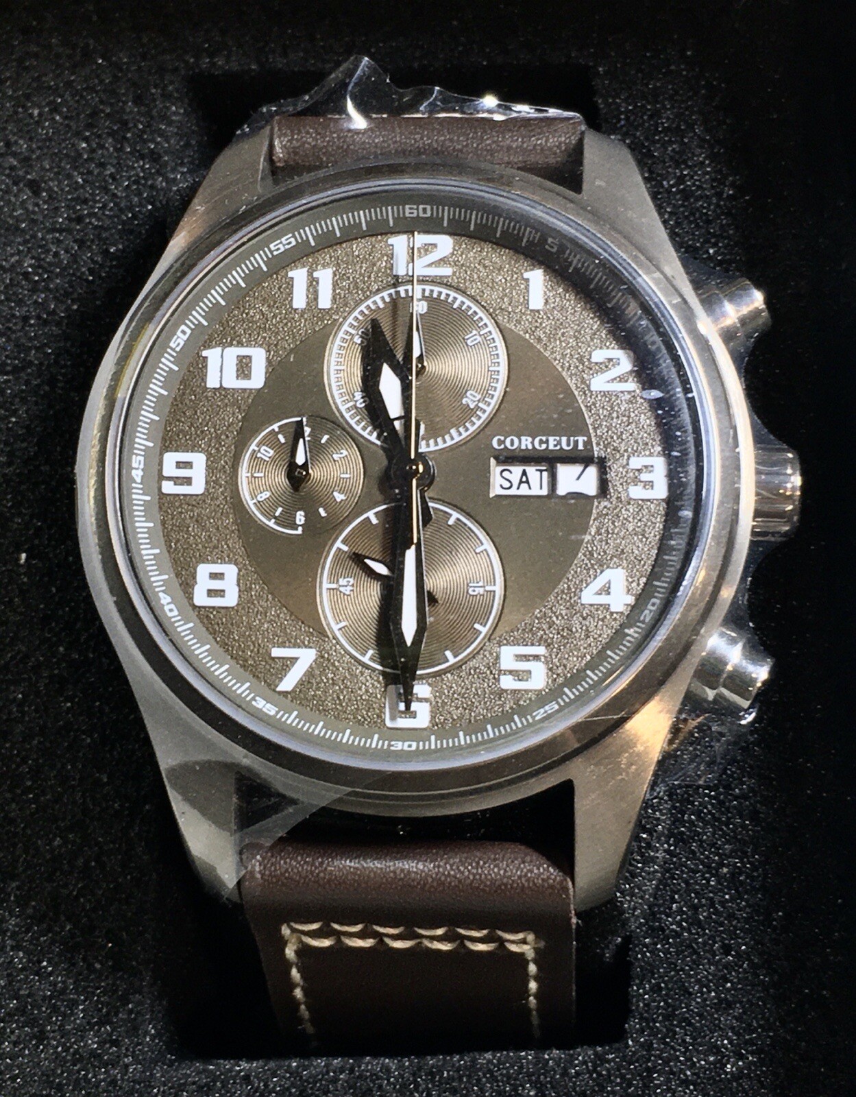 CORGEUT BRONZE DIAL CHRONO WATCH STAINLESS STEEL DAY DATE QUARTZ PILOT WATCH NEW