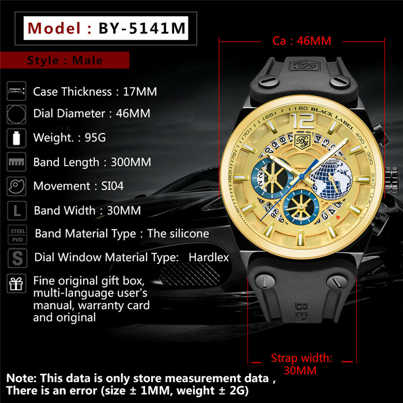 Luxury BENYAR 5141M Men Quartz Watch Chronograph Date Waterproof Rubber Leather