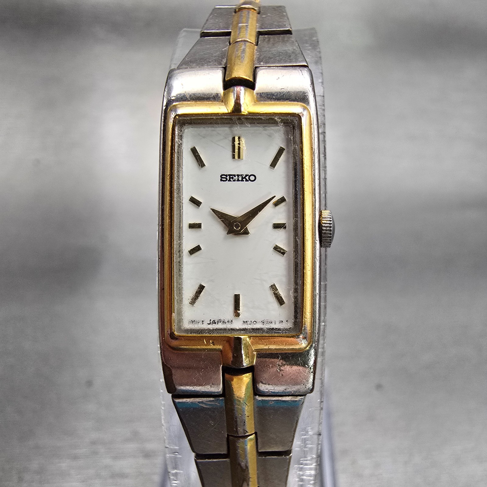 Seiko Watch Women 13mm White Dial Two Tone Rectangle 2E20-7479 New Battery VTG