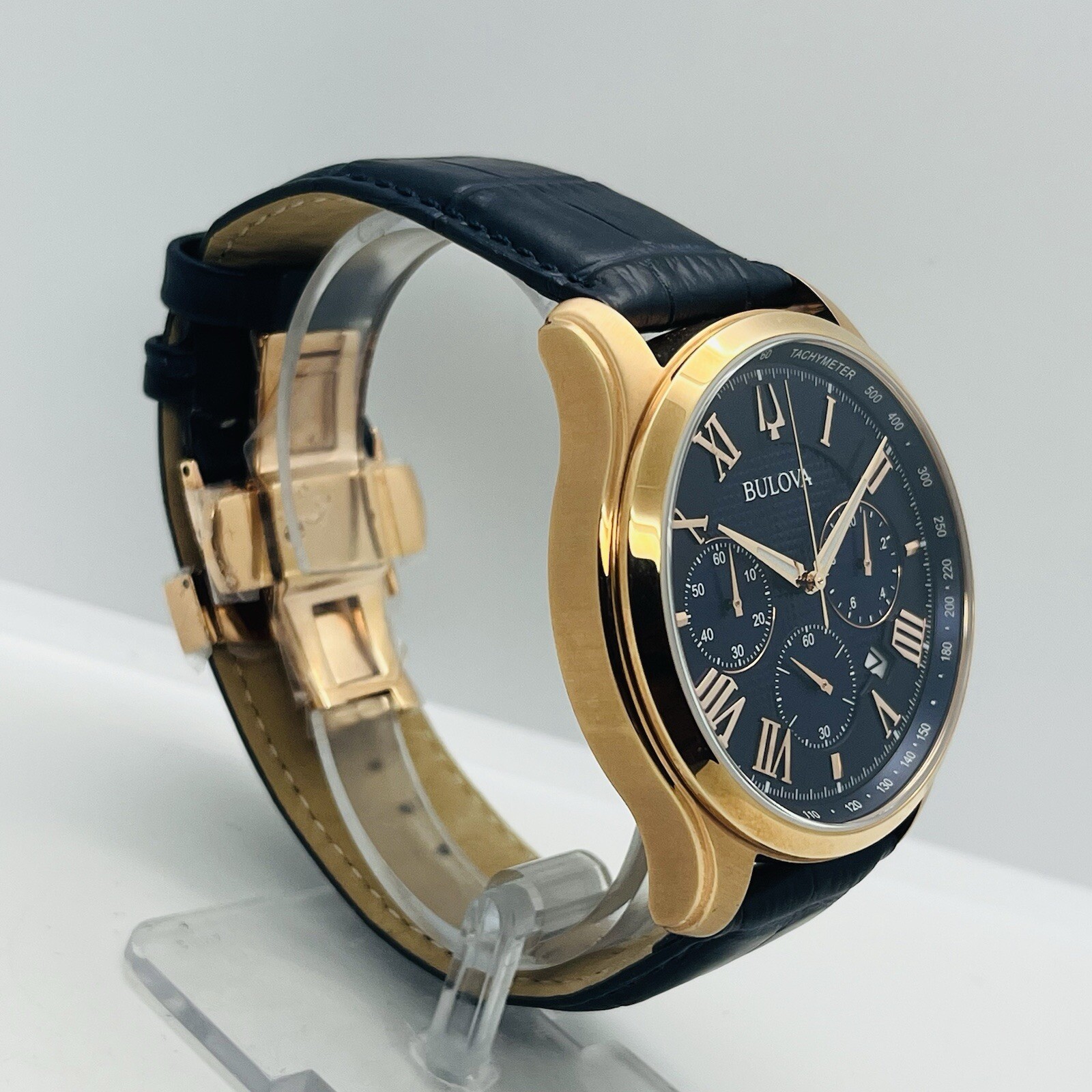 Bulova Wilton Men’s Chronograph Rose Gold Steel 47mm Leather Watch 97B170