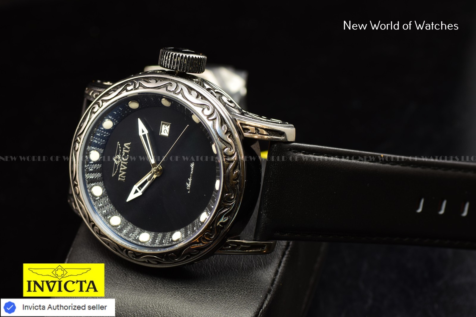 Invicta Men’s Vintage 52mm Automatic MOP Dial Black Tone Leather Strap Watch