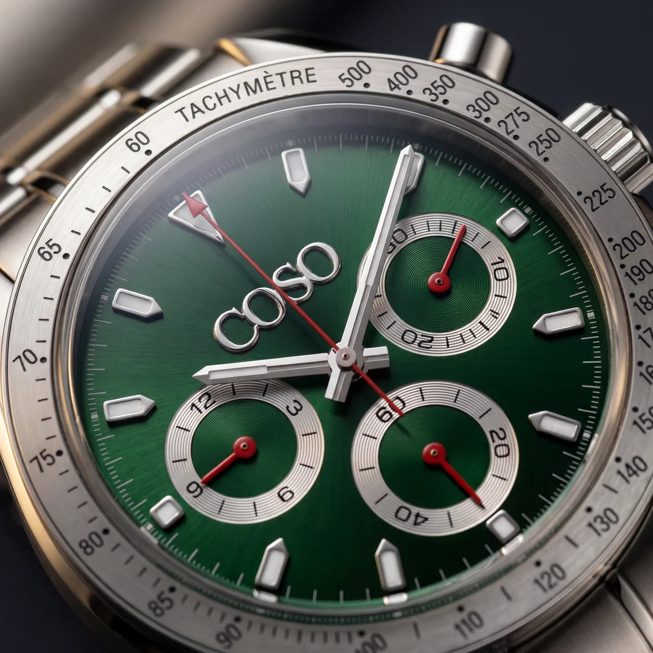 COSO Torvex Chronograph Watch Green Dial Red Accents Black Bezel Steel