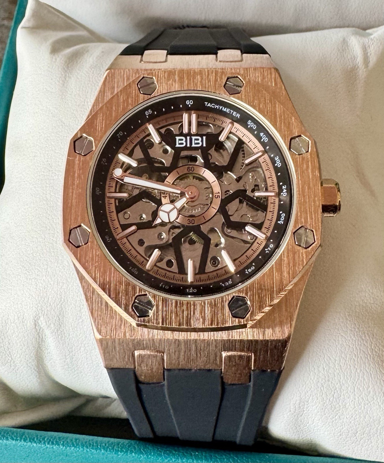 BIBI Skeleton Automatic Watch Rose Gold Black Silicone Strap 41.5mm New Box
