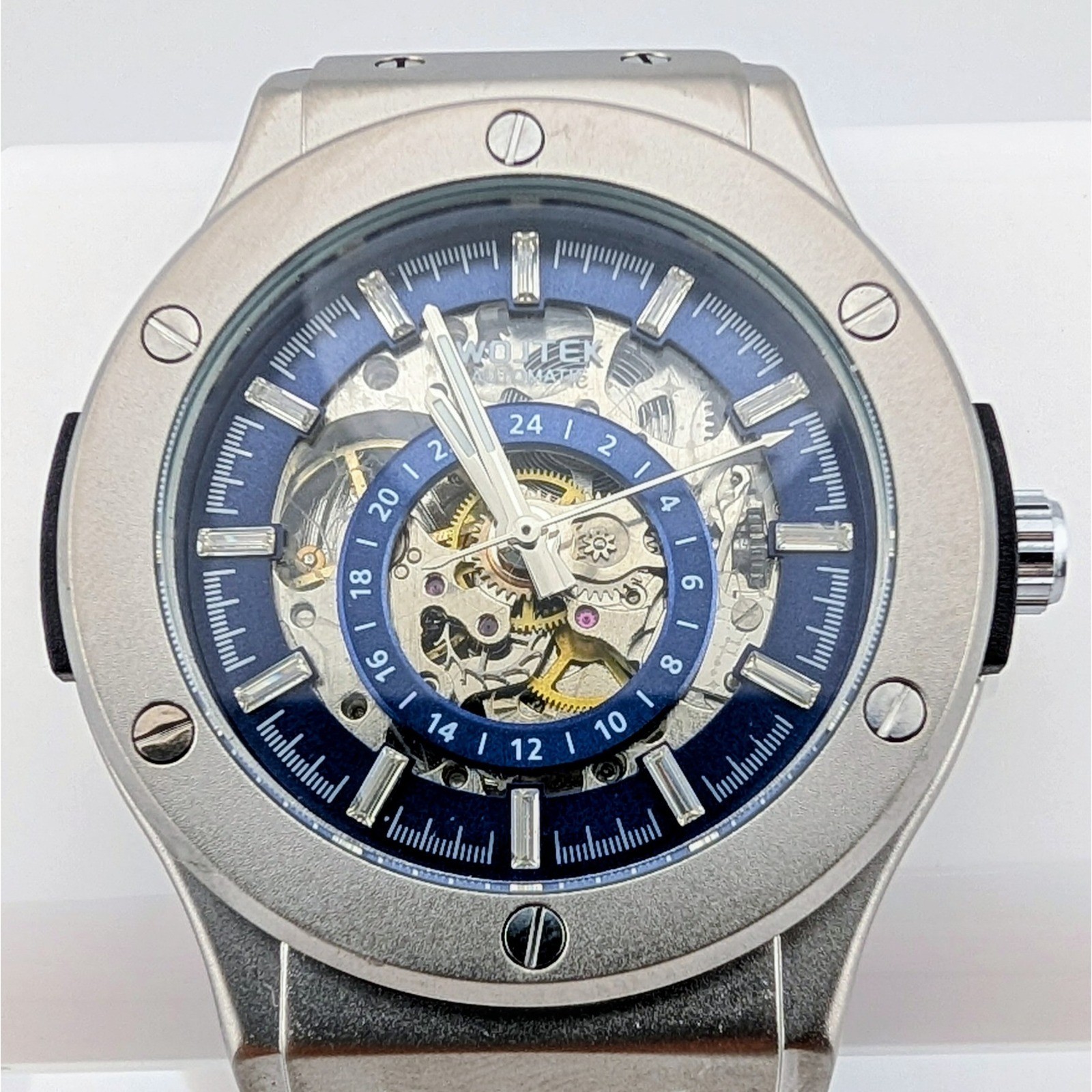 Wojtek Automatic Skeleton Blue Dial Men’s Watch 24 Hour Display NWOT 45mm