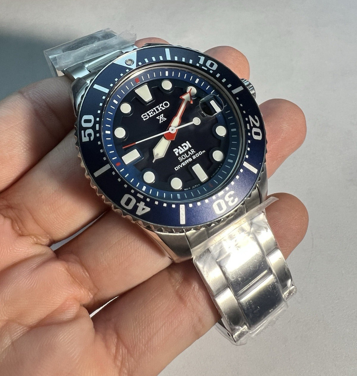Seiko PADI Solar Quartz 43mm Blue Dial 200m Diver Steel Bracelet