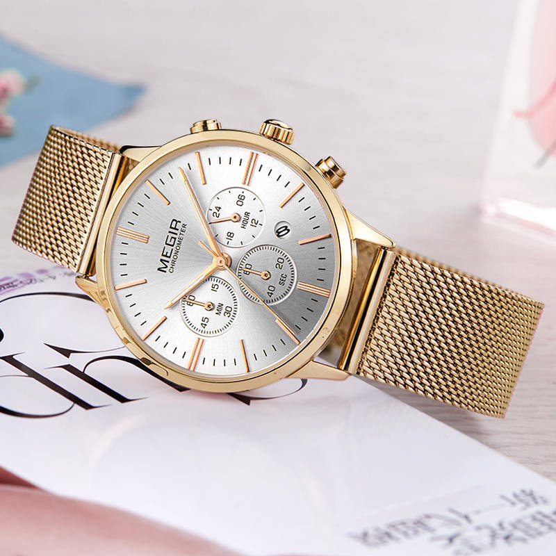 MEGIR Brand Luxury Women Watches Mesh Band Quartz Ladies Chronograph Wristwatch