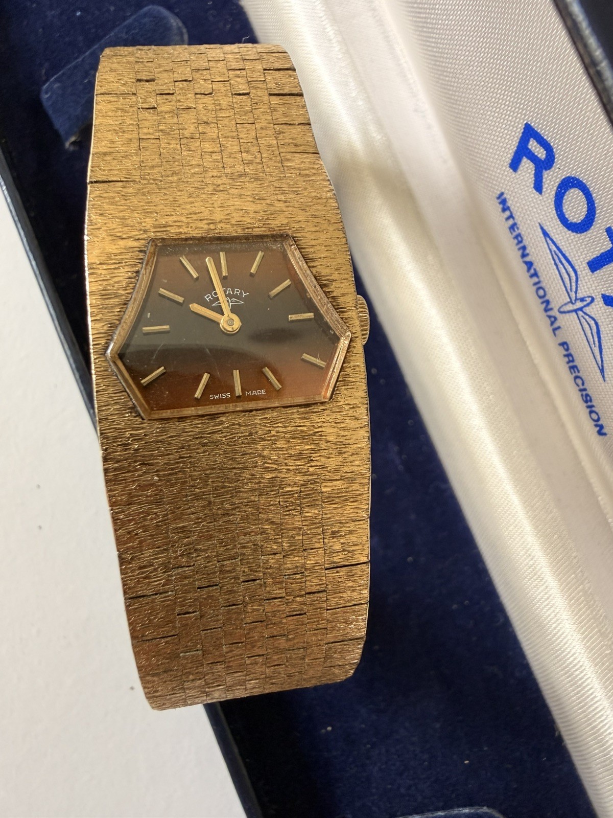 1970s Vintage Rotary 637 Ladies Tigers Eye Manual Gold Plated Watch Original Box