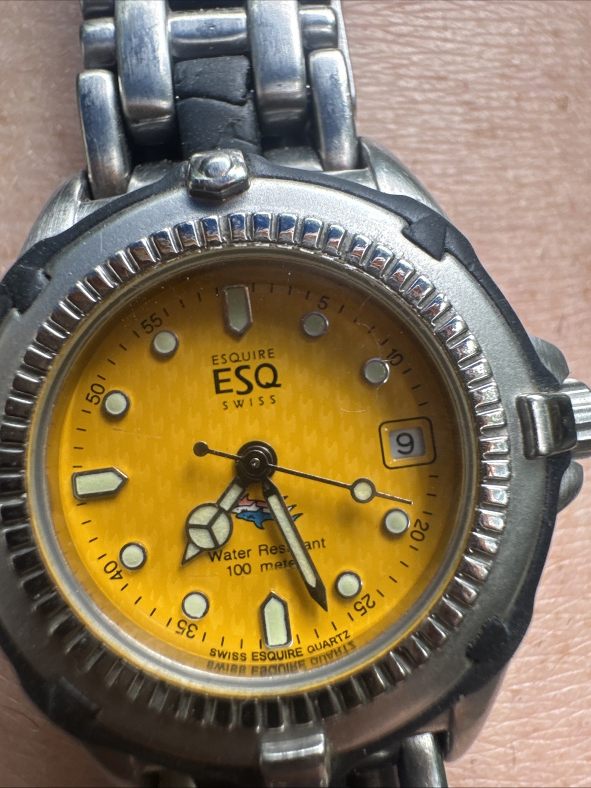ESQ by Movado Men’s Quartz Sport 100m Yellow Dial Date Silver/Black Bracelet