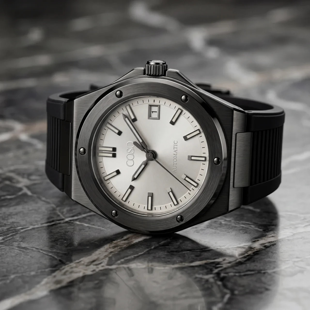 COSO Valtor Automatic Silver Dial Gunmetal Black Rubber Strap
