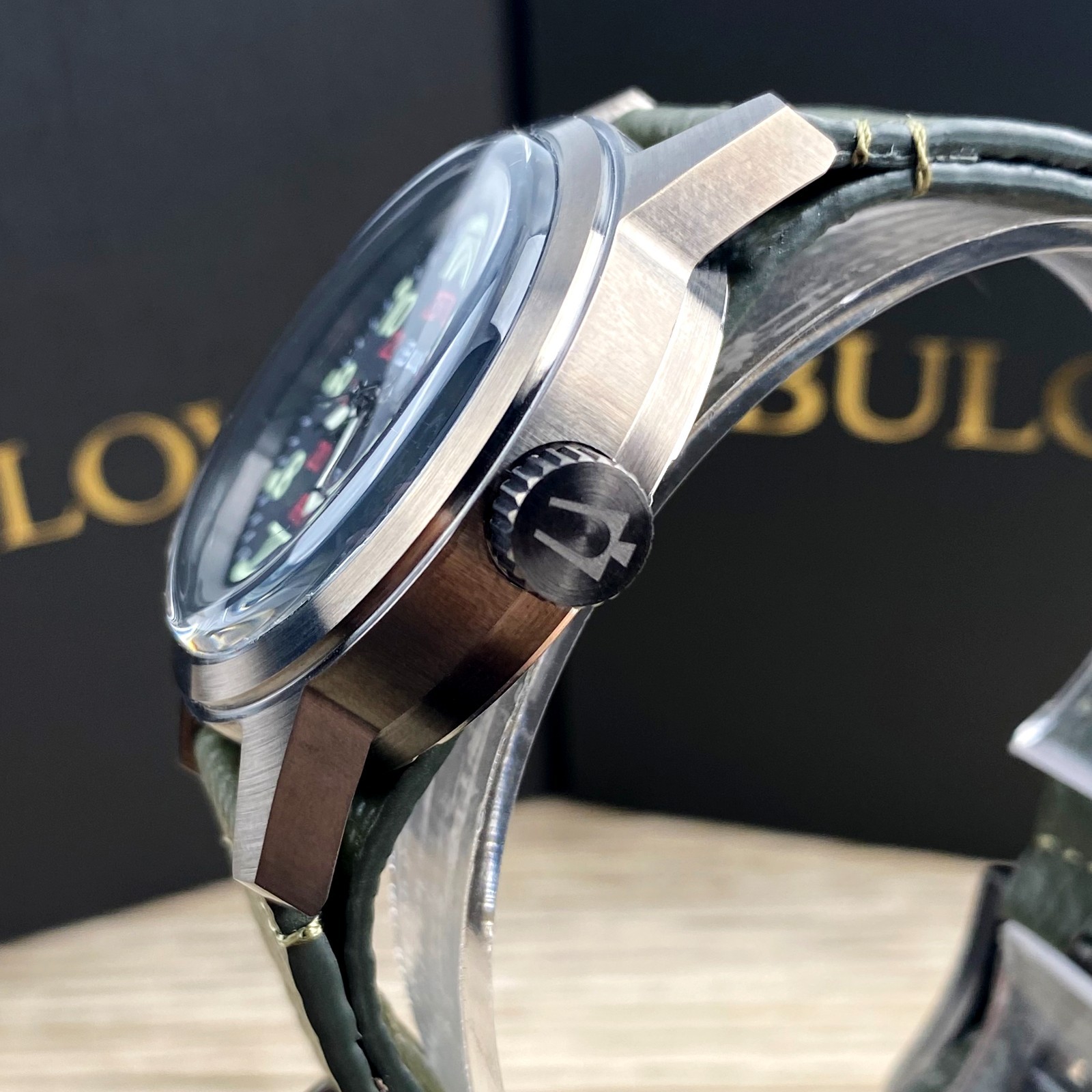 Bulova Hack 98A255 Black Dial Green Leather Strap Automatic Men’s Watch