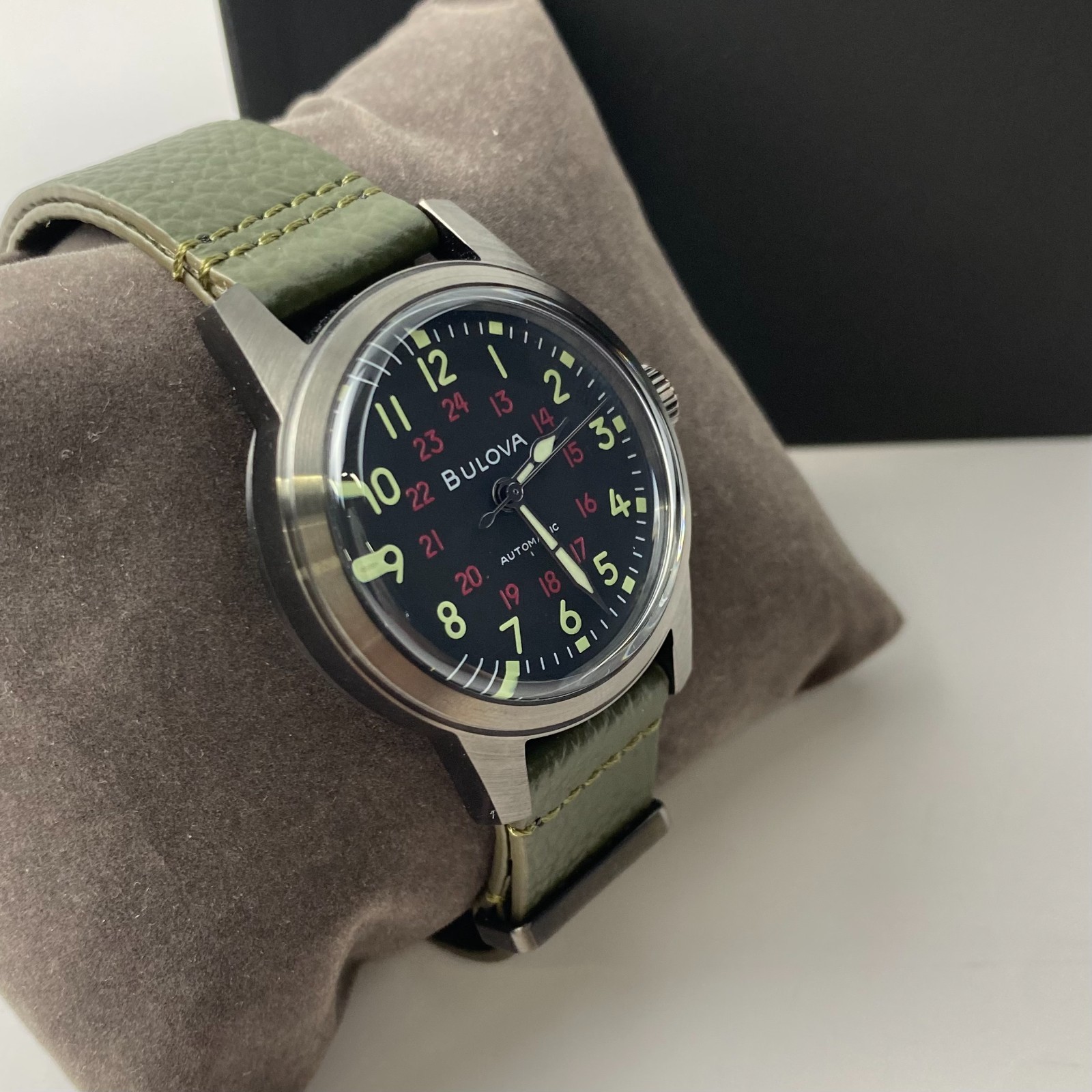 Bulova Hack Men’s 98A255 Military Automatic Black Dial Green Leather Strap Watch
