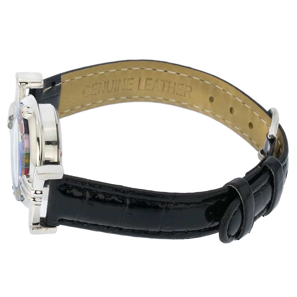 GlassOfVenice Murano Glass Millefiori Watch with Leather Band – Black Multicolor