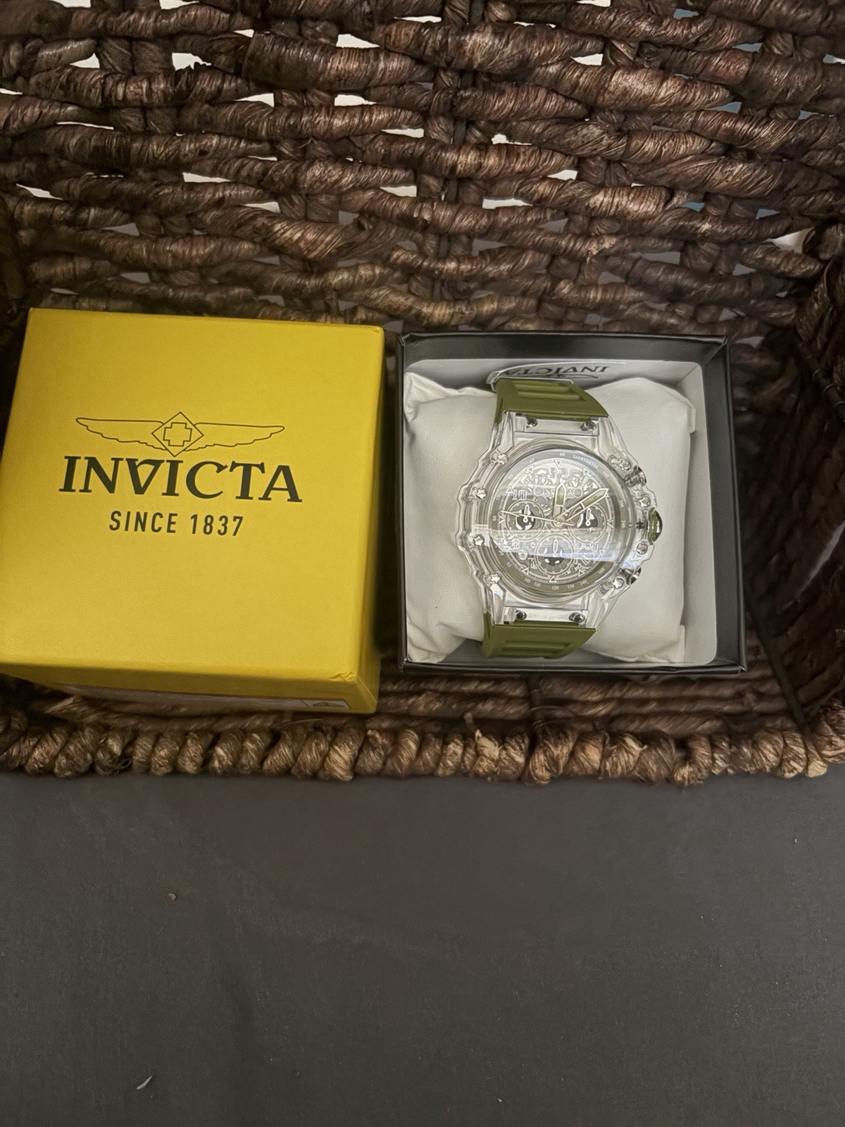 Invicta Bolt Men’s Quartz Chronograph Date Tachymeter Clear Case Green Strap