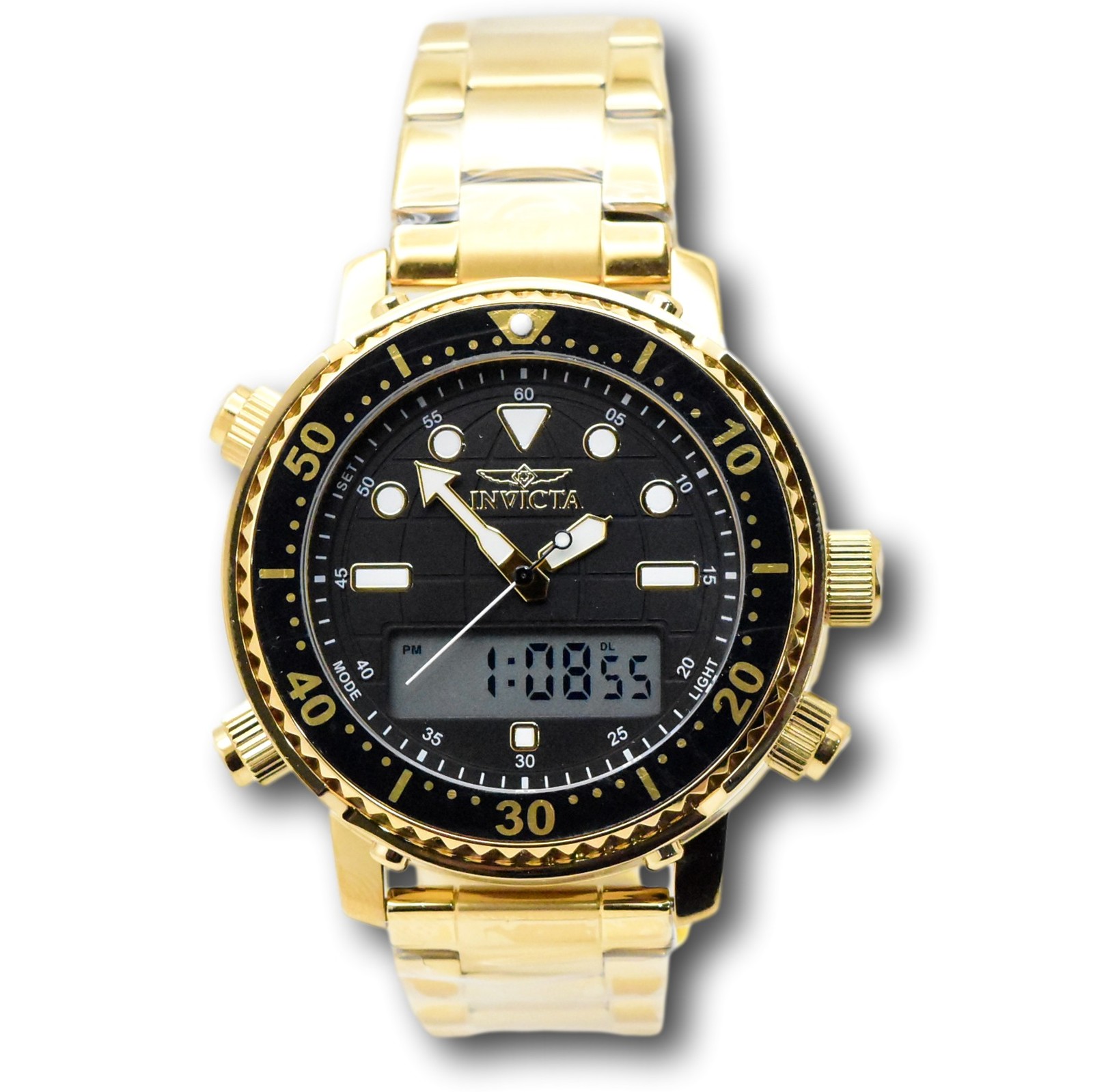 Invicta Pro Diver Men’s 46.5mm Gold Dual Time Digital Ana-Digi Watch 48372