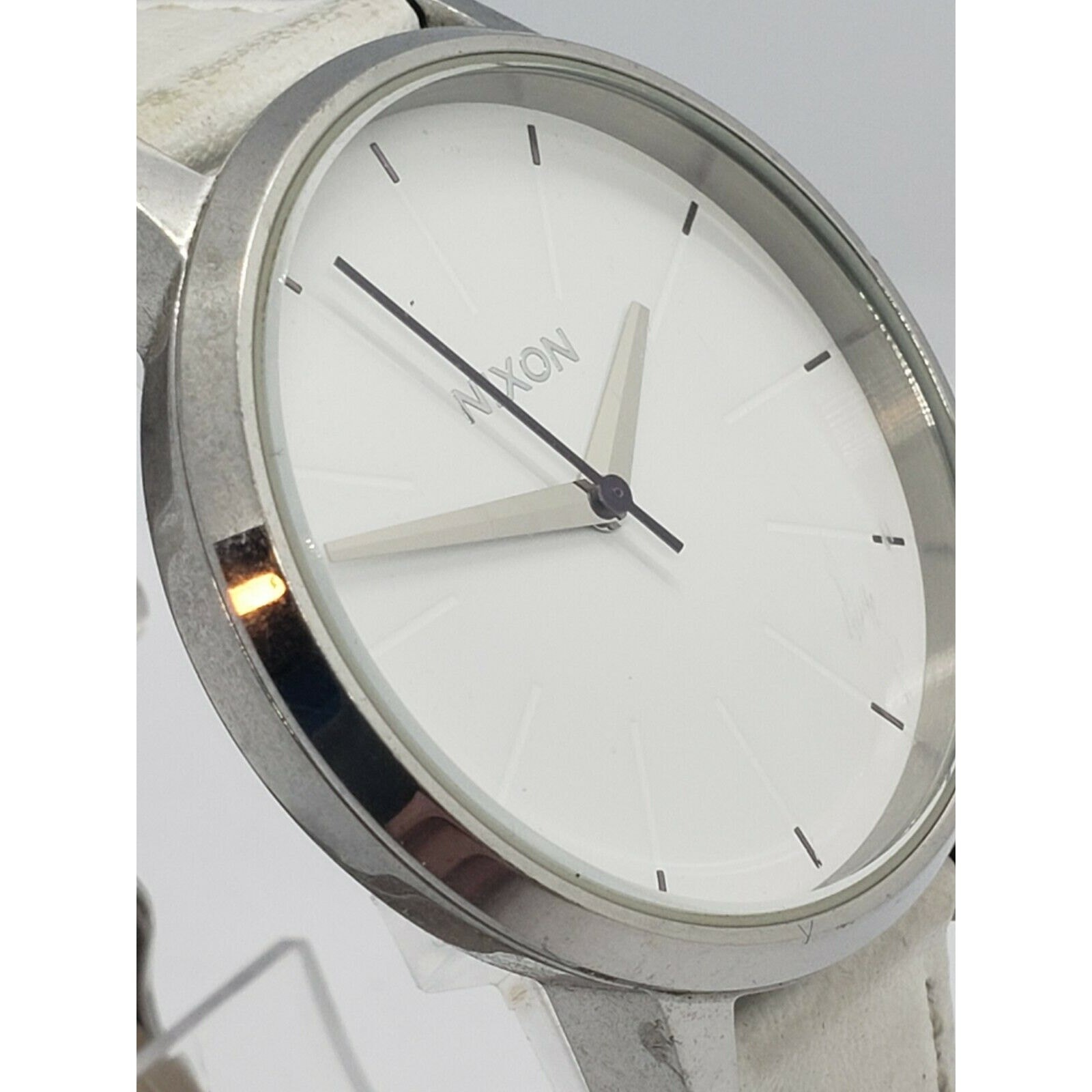 Nixon Moving Out Kengsington Silver Tone Steel Watch with White Leather Band