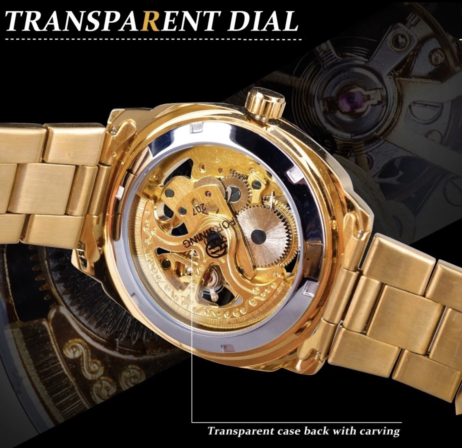Forsining Mens Skeleton Mechanical Waterproof Luxury Watch Gold Gift Idea