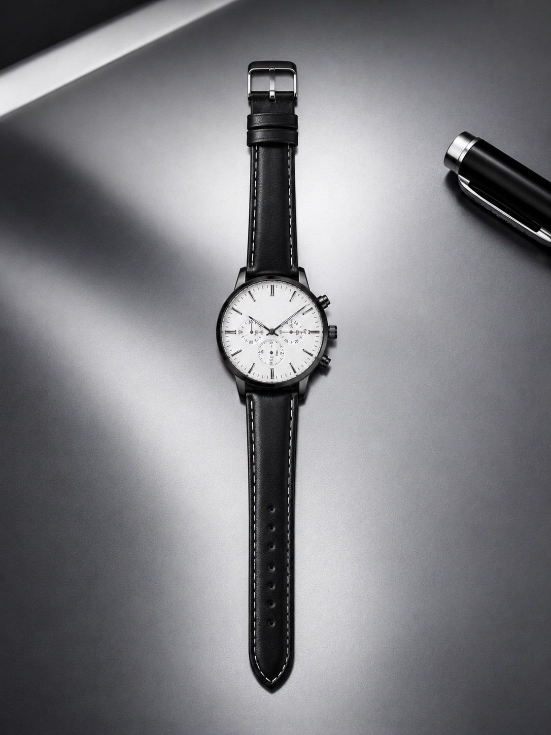 Men’s Black Strap Quartz Watch White Dial Silver Tone Classic Analog Dress Watch