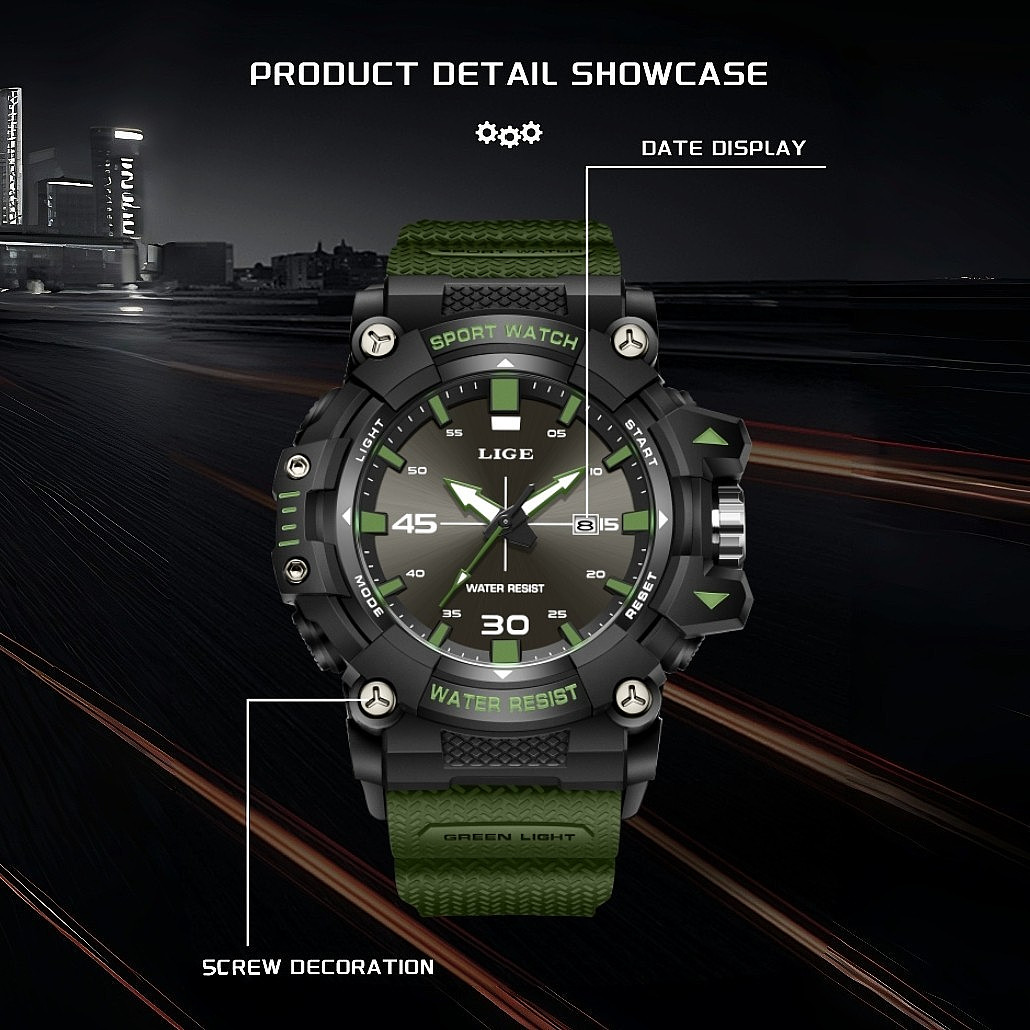 LIGE Men Watch Quartz Date Analog Luminous Waterproof Diver Sport Man Wristwatch