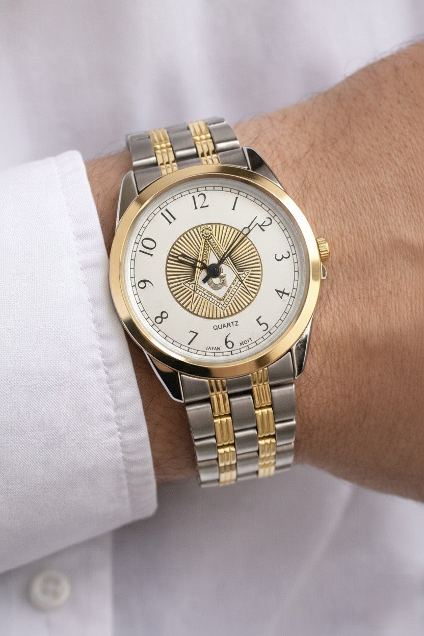 2 Pc Masonic Men’s Watch Set Gold & Two Tone Freemason Quartz Wrist Watches