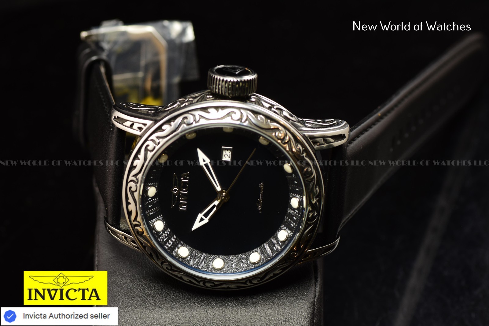Invicta Men’s Vintage 52mm Automatic MOP Dial Black Tone Leather Strap Watch