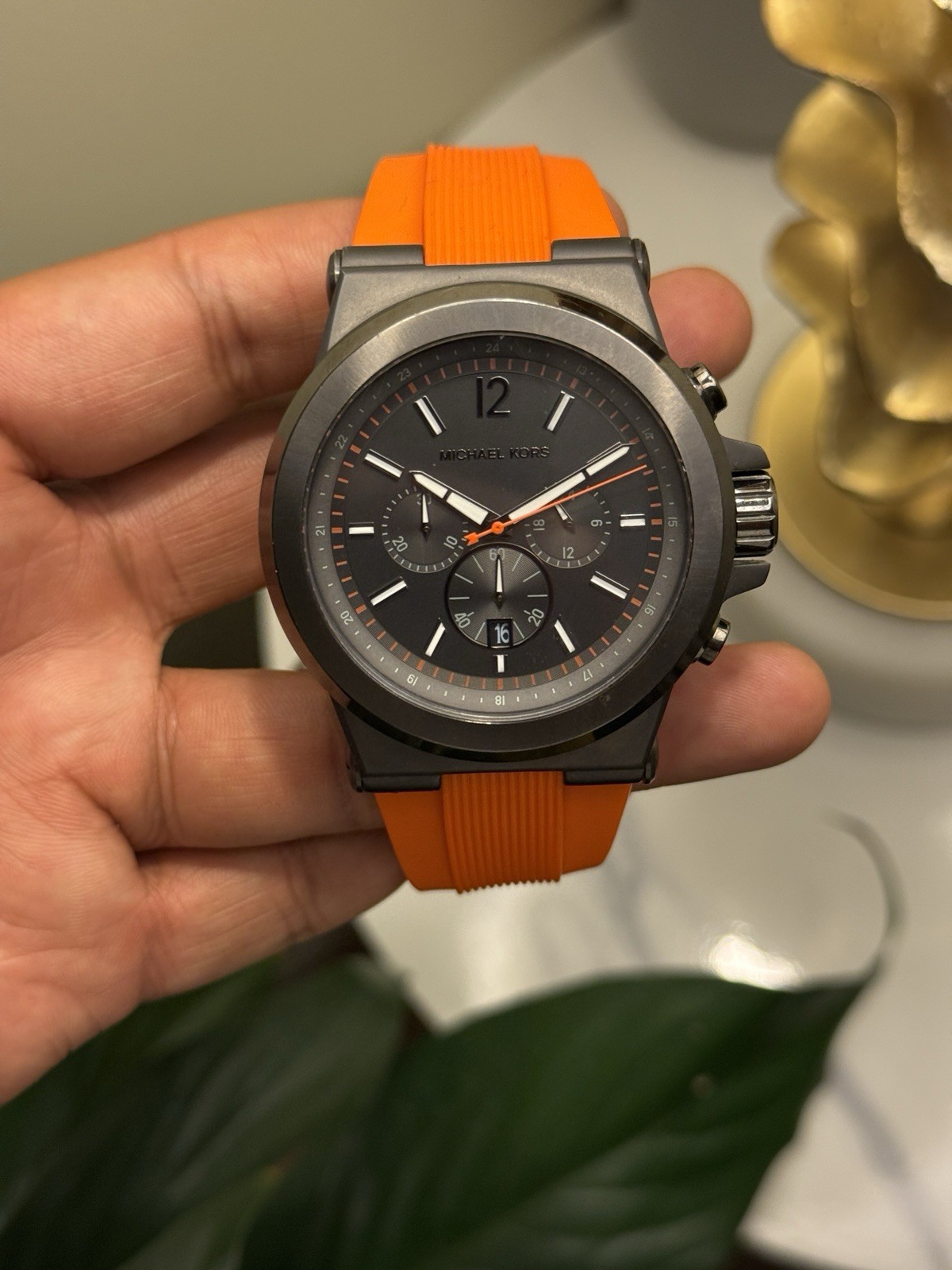 Michael Kors Gray Dial Chronograph Watch with Orange Strap Mens