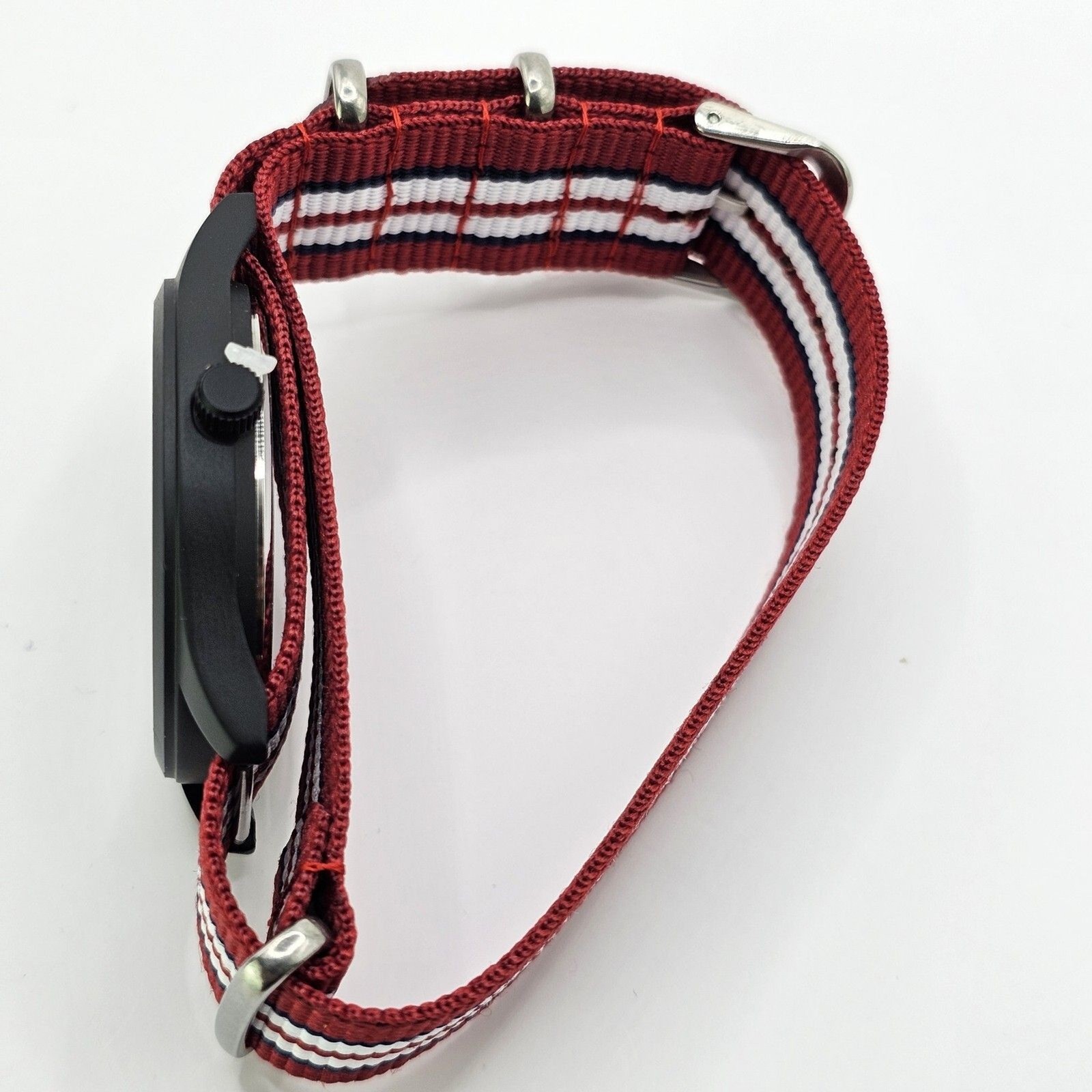 Men’s Military Watch 42MM Large Case Black Dial Red Blue White Canvas Band Strap