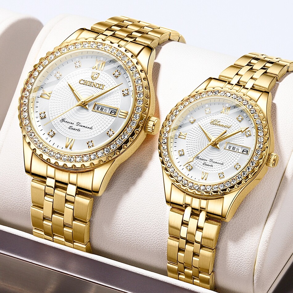 30m (3 atm) Water Resistance Gold Crystal Luminous Men/Woman Couple Quartz Watch