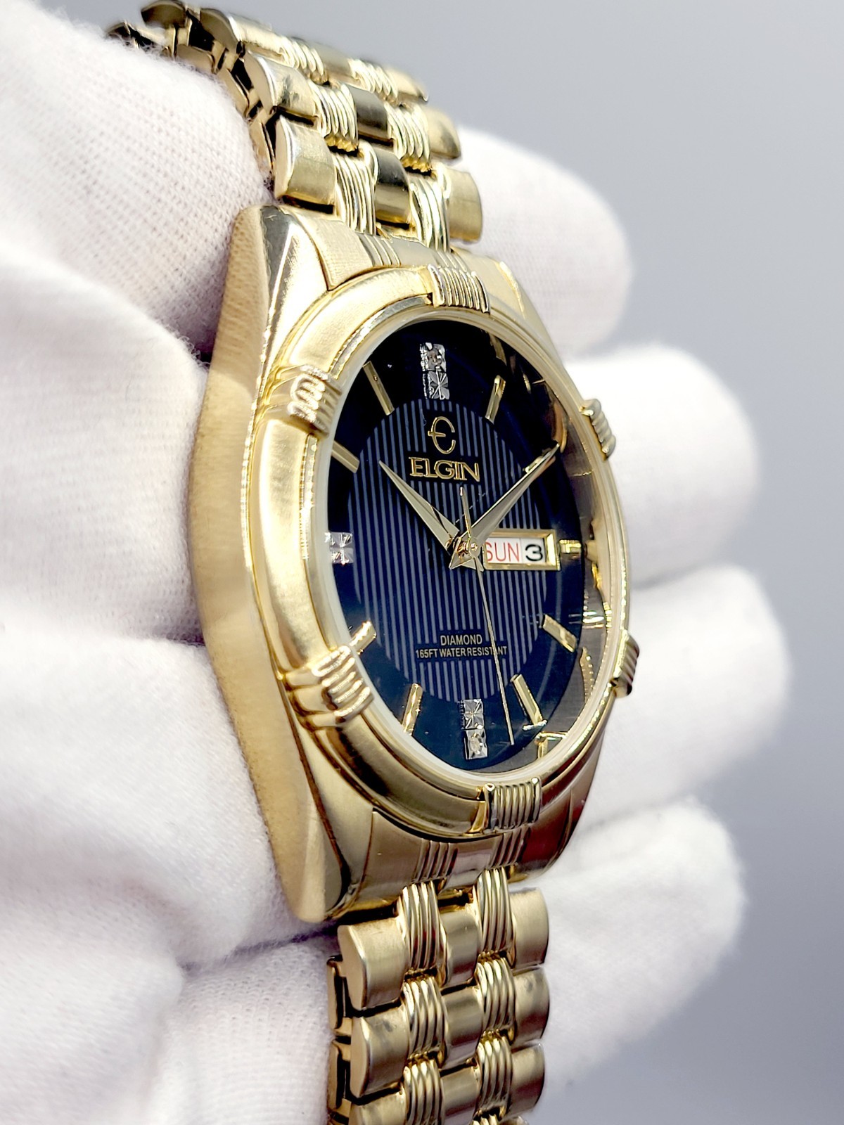 Elgin Men’s Gold Tone Watch 1990s [MINT] Black Pinstripe Dial Diamond Accents