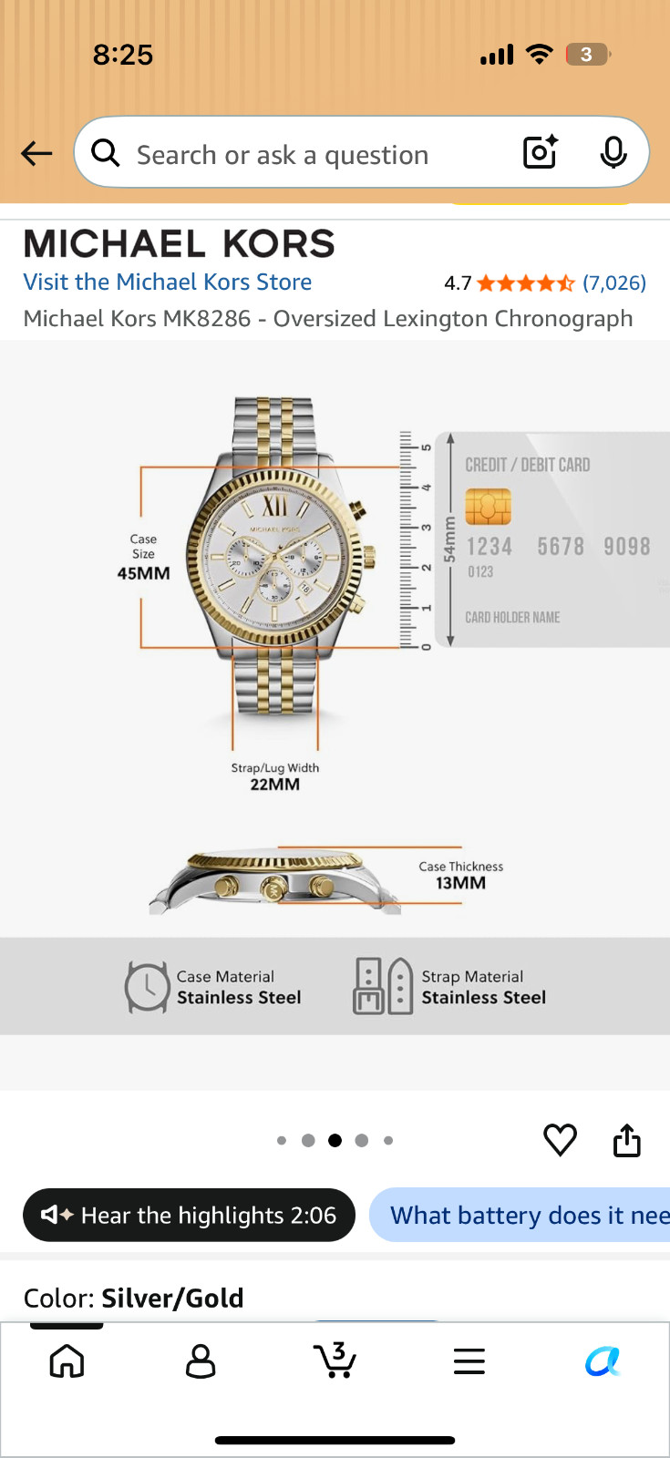 Michael Kors Lexington 44mm Silver Stainless Steel Case with Silver/Gold…