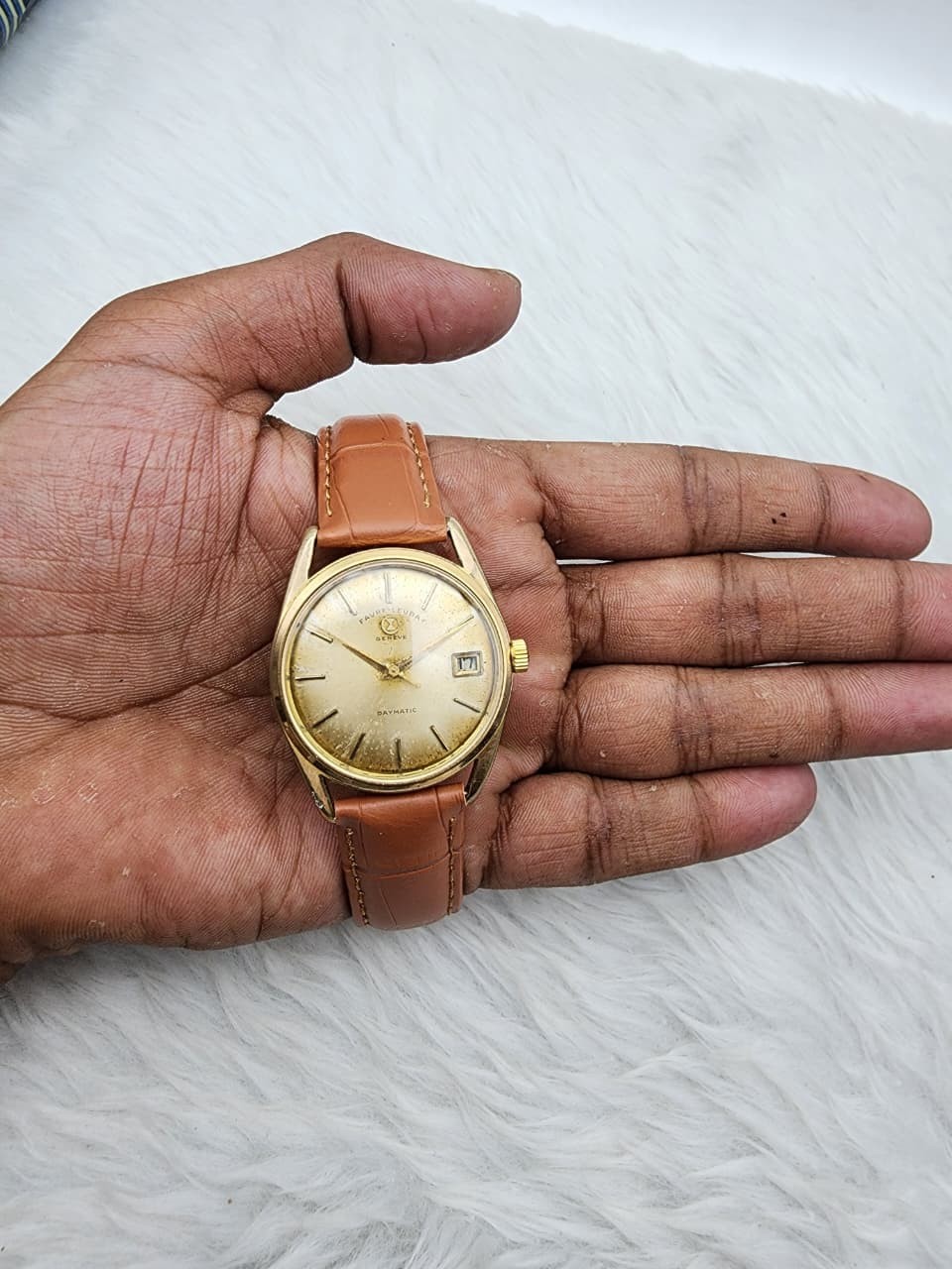 Vintage Favre-Leuba Daymatic Automatic Swiss Gold Dial Date Men’s Watch 21Jewels