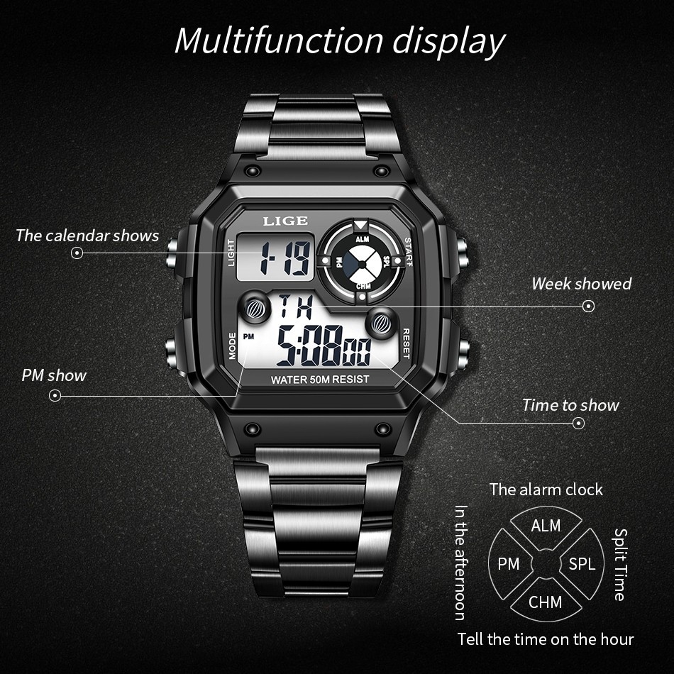 LIGE Men Watch Quartz LED Digital Luminous Date Waterproof Sport Boy Wristwatch