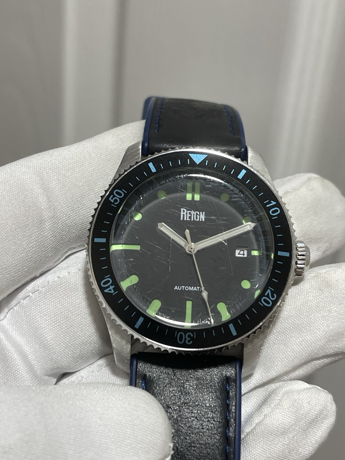 Reign Elijah Automatic Rubber Inlaid Leather-Band Watch W/Date – Black/Blue