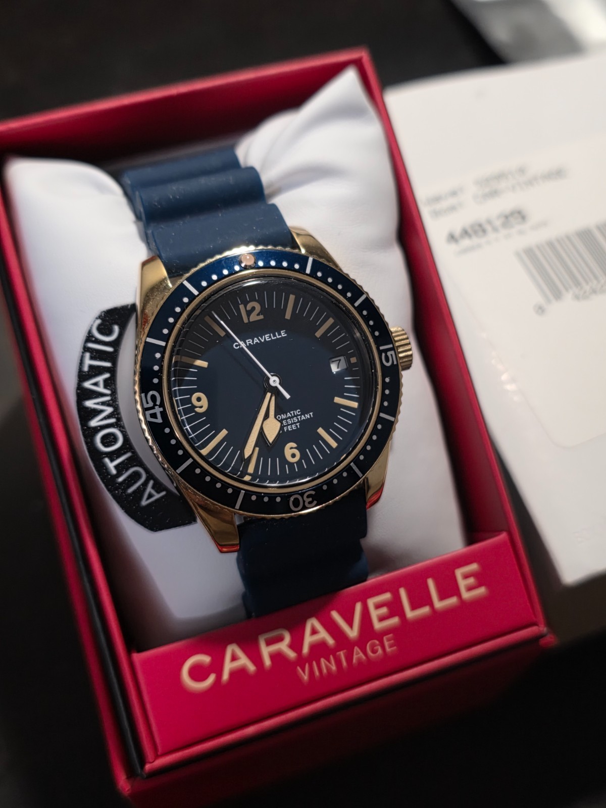 Vintage Caravelle Sea Hunter Dive Watch 44B129 Gold Blue Rubber Strap 2026 NEW